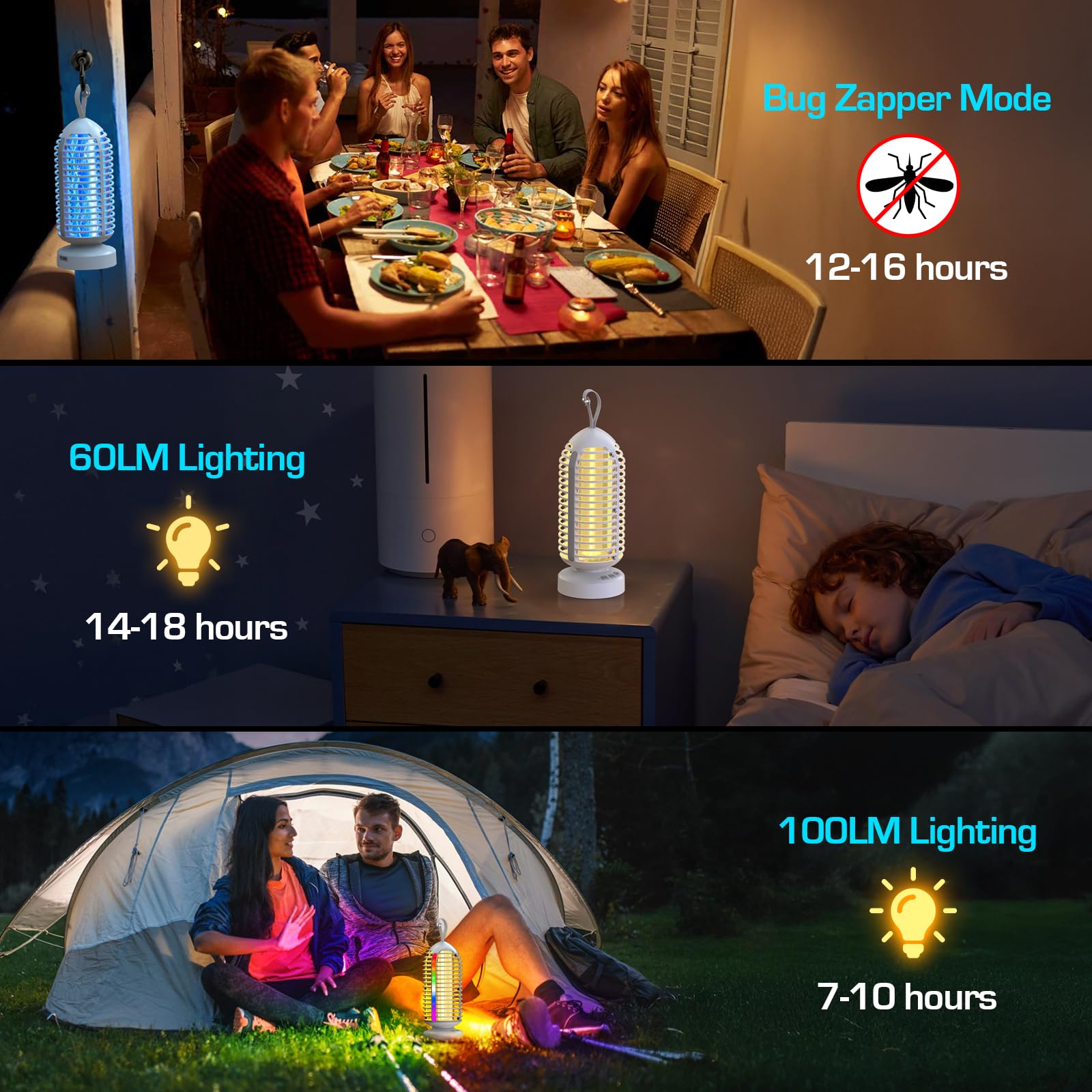 Bug Zapper Outdoor Indoor Zapper Zapper Zanzariera Elettrica 3000V con Batteria Ricaricabile 4000mAh, Impermeabile Zanzariera, Luce Marqueen 3 in 1, Lanterna da Campeggio & Fly Zapper per Casa, Patio