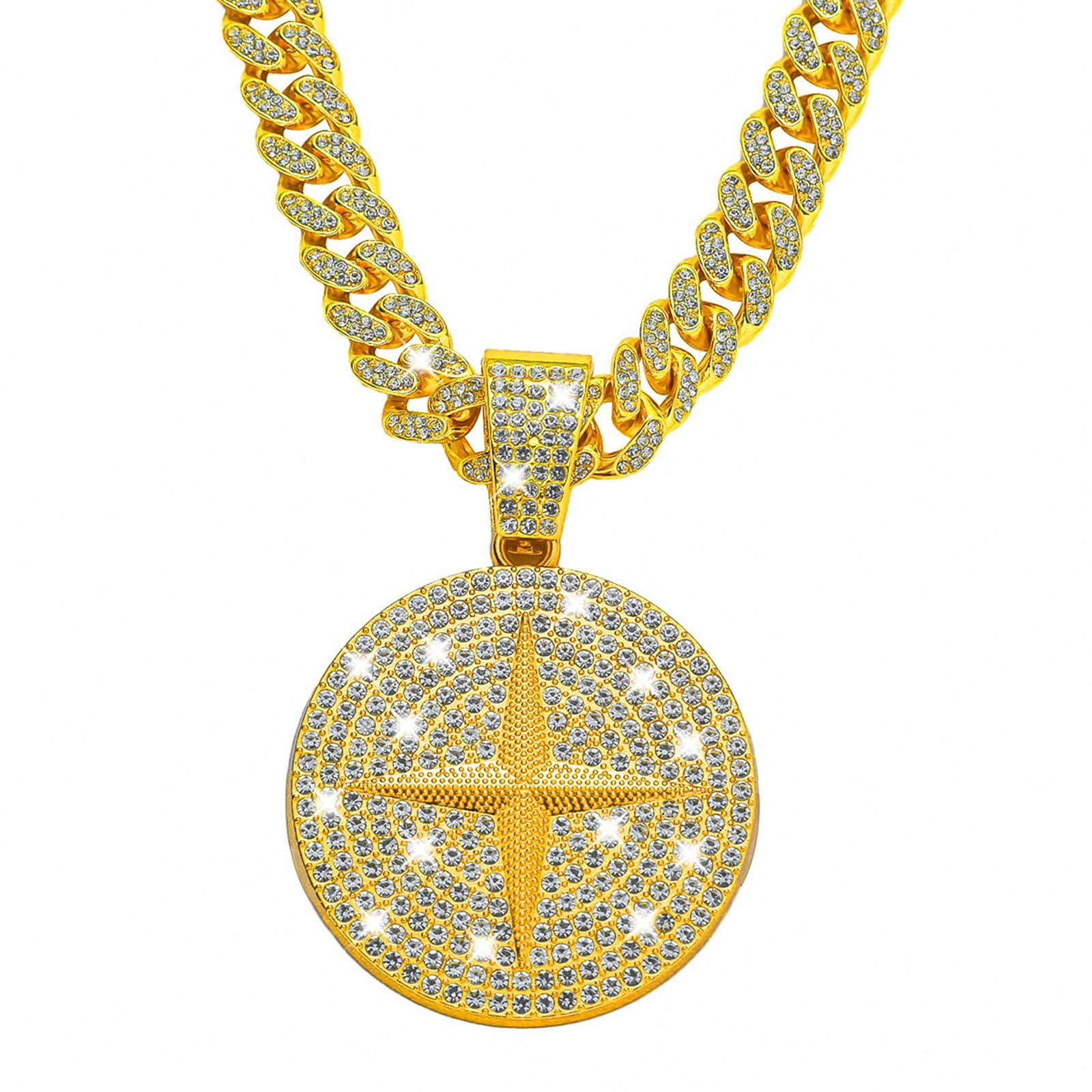 LCWLJL Round star Hip-hop Cuban Chain, Rhinestone Pendant Necklace Jewelry For Men，Men's Fashion Jewelry