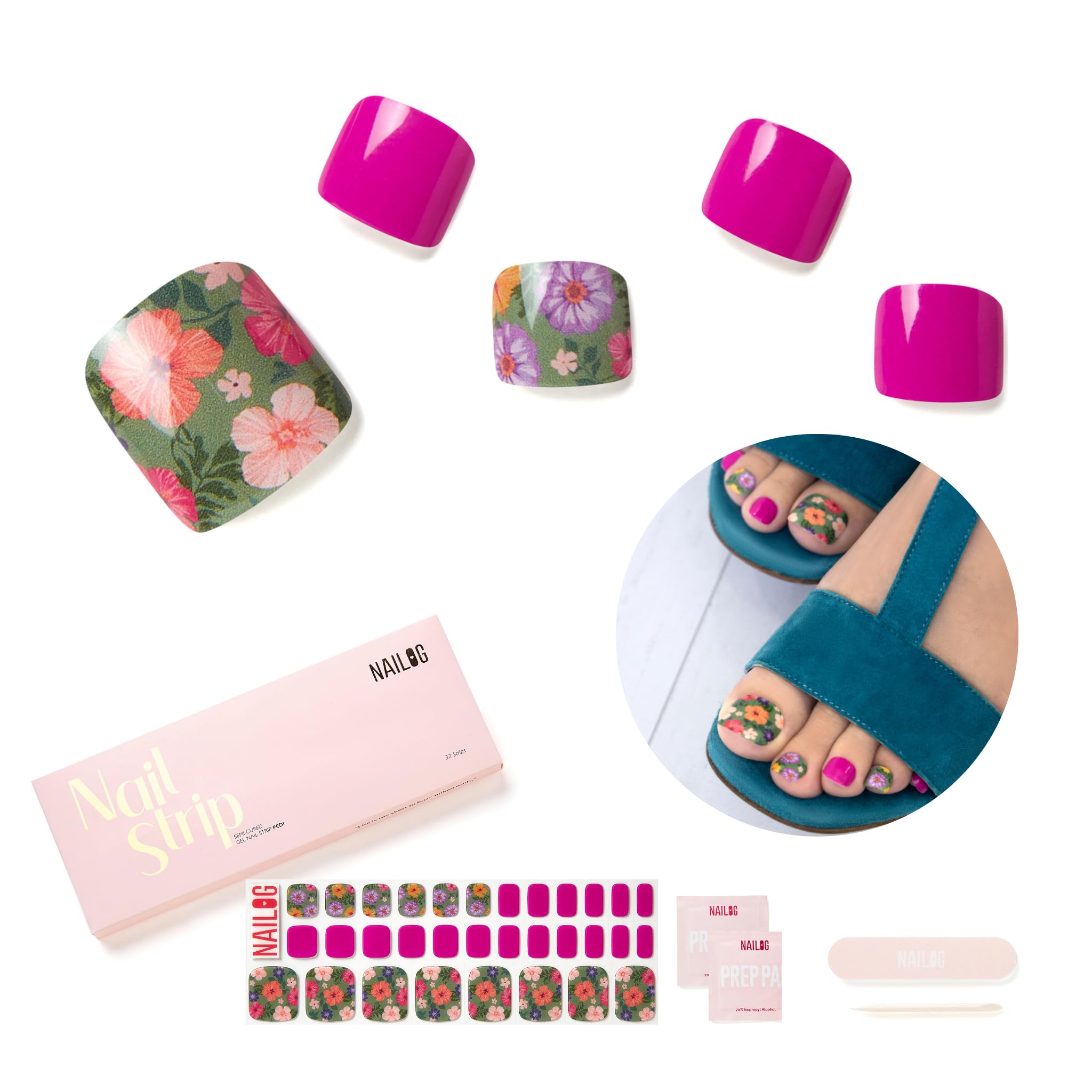 Semi Cured Gel Nail Strips Toes - NAILOG 32 Pcs Purple Floral Gel Toe Nail Stickers Extra Long Pedicure Nail Strips with Glossy Gel Finishing for