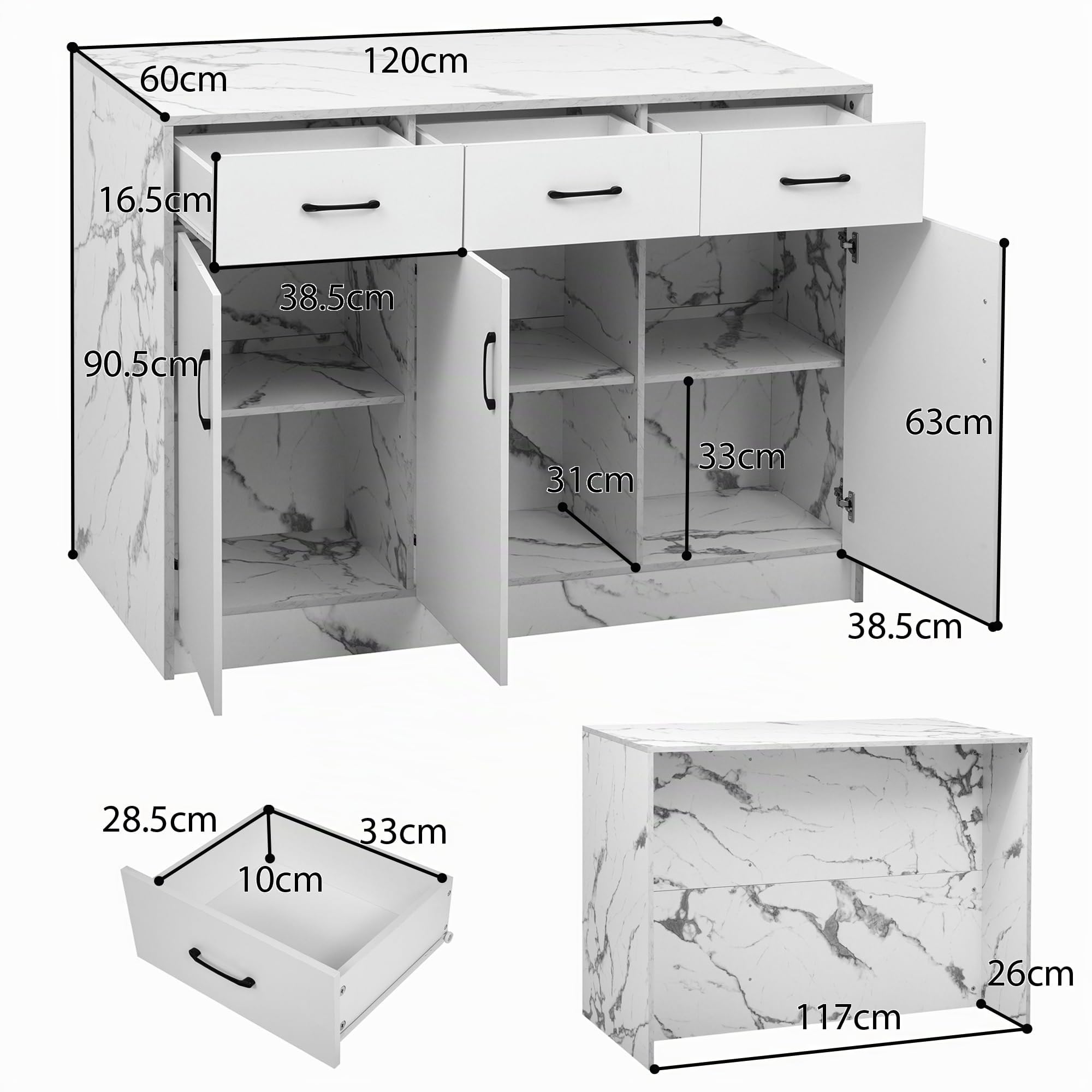 Armadio da cucina 120 x 60 x 90,5 cm, 3 cassetti e 3 ante, design marmo bianco, ripiani regolabili, design zona bar – Utensili da cucina eleganti e pratici