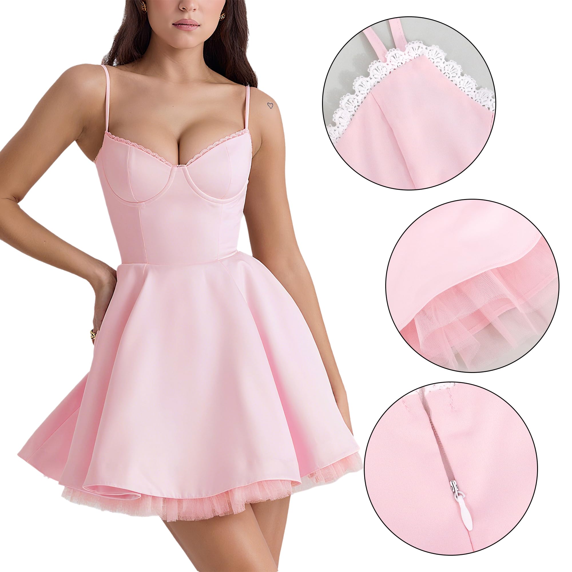 Segreto Vestido corto para mujer, corte bajo, espagueti, vestido de fiesta, cóctel, vestido de encaje, vestido informal, vestido acampanado