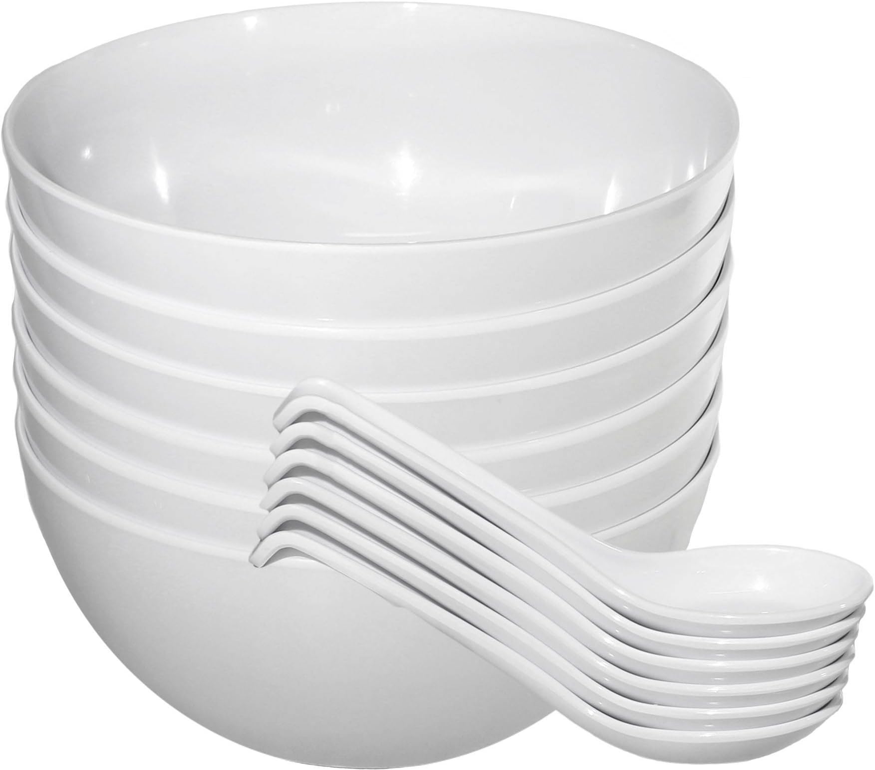 Set of Six Large Melamine Pho Bowls and Spoons White 48 Ounce