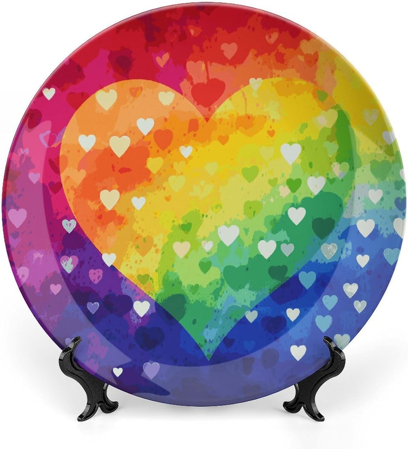 Colorful Rainbow Love Heart Bone China Decorative Plate with Display Stand, Ceramic Ornaments Plate for Wall Hanging, Personalized Porcelain Plates for Office, Living Room 8inch