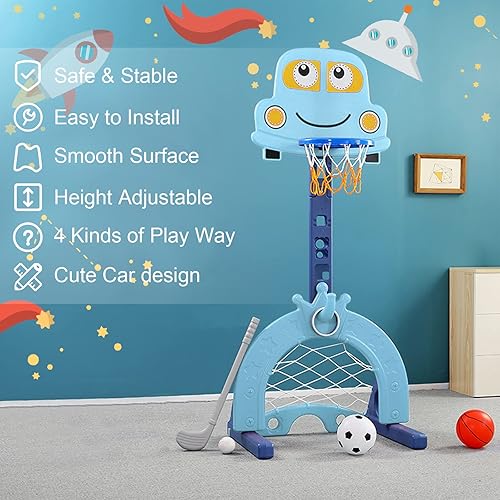 Miniatura 5 de Aro de baloncesto 4 en 1 para niños pequeños, altura ajustable, aro de baloncesto para niños con anillo de portería de fútbol, juego de golf, aro de