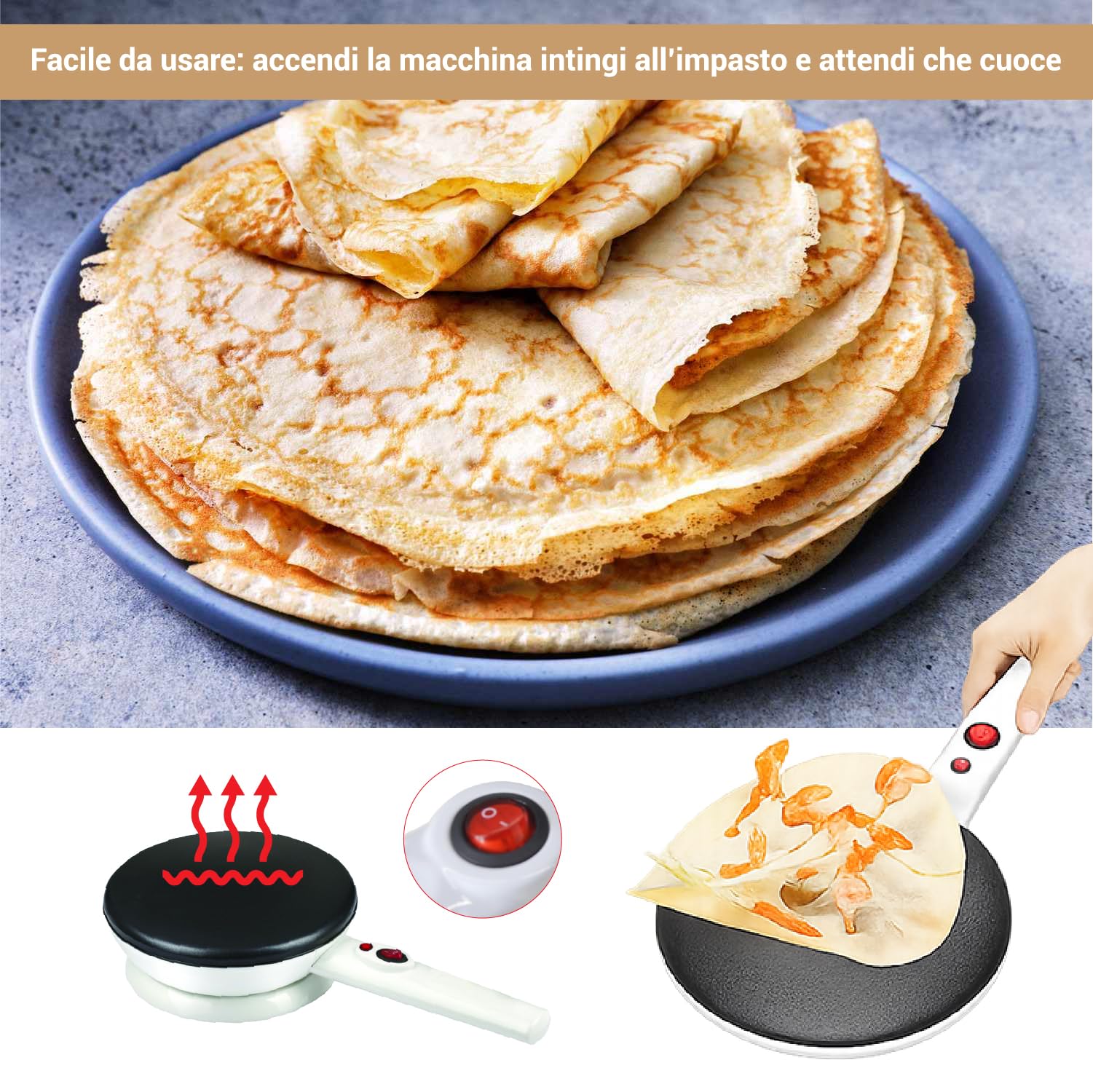 CRISALIDE® Crepiera Elettrica Cordless 800W – Macchina per Crêpes Antiaderente Ø20 cm con Rotazione 360°, Ciotola per Impasto Inclusa, Manico Antiscottatura e Interruttore ON/OFF