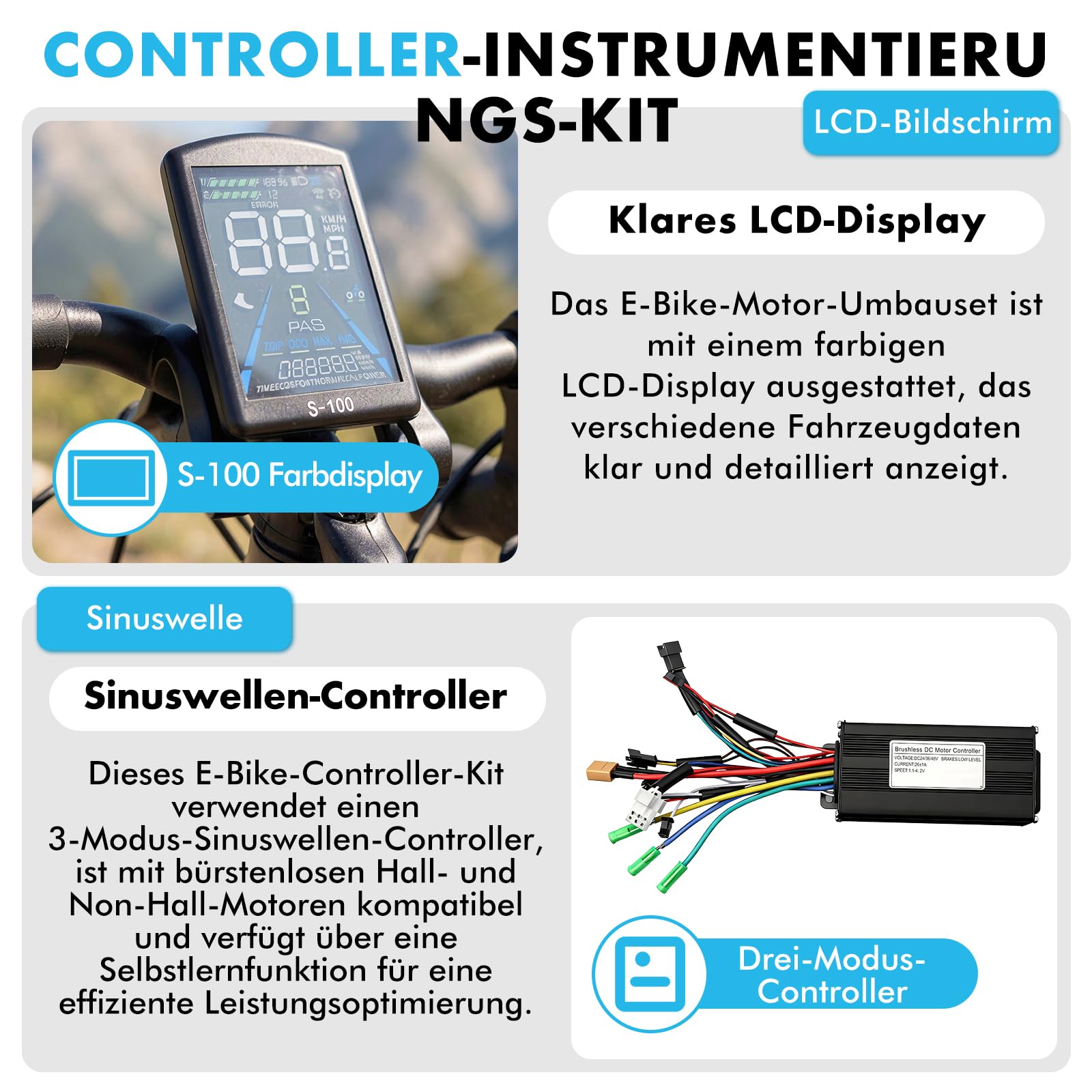 Elektrofahrrad Brushless Motor Controller Kit, 36V 48V 500W 750W 26A, 3 Betriebsmodi Sinuswelle Motorsteuerung Controller mit S100 LCD Display für E-Bike