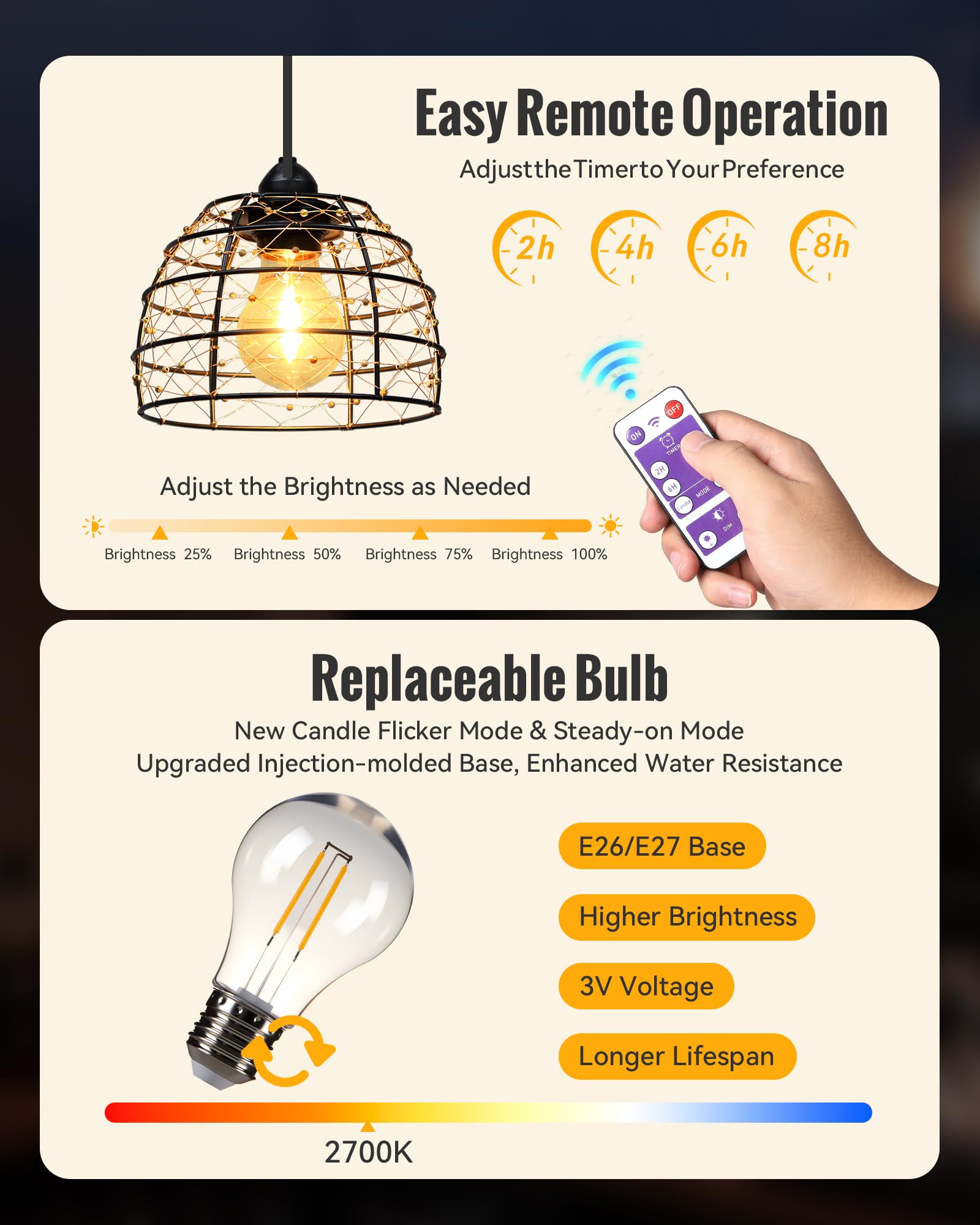 Lampe Suspendue à Piles Lot de 2 Bohème Lustre avec Télécommande Ampoule E27 Luminosité Réglable Minuterie