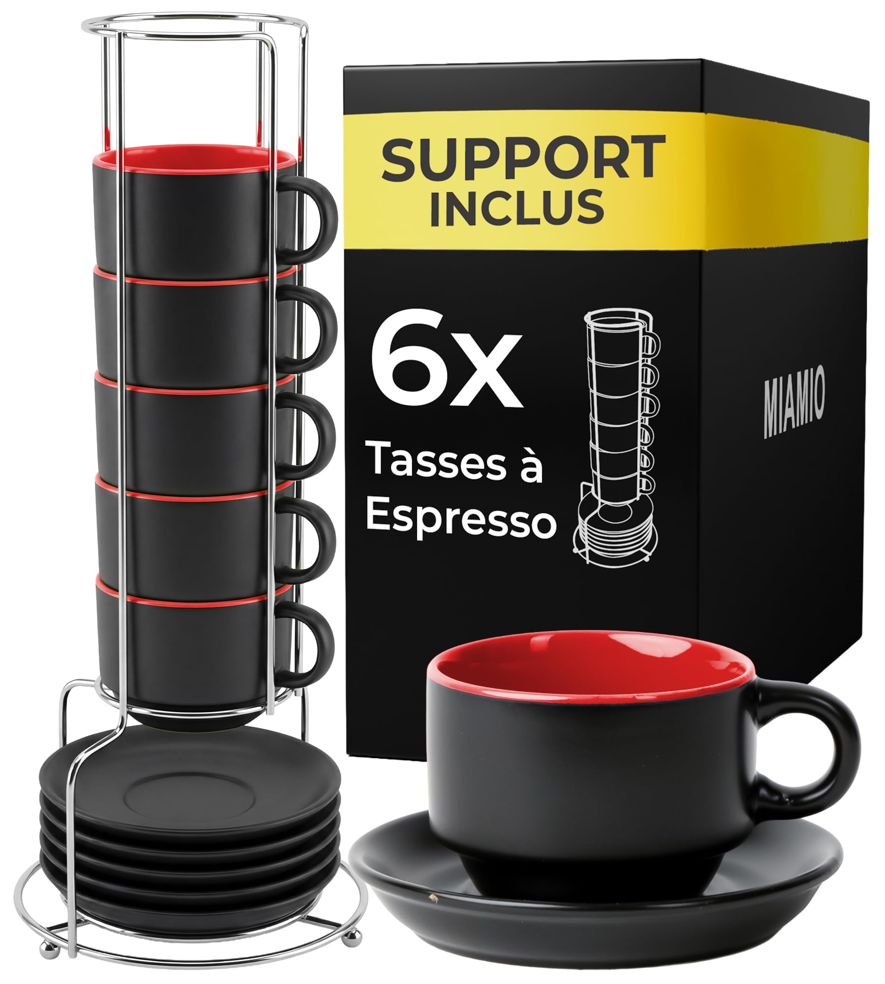 MIAMIO - 6 x 75 ml Ensemble tasses à expresso en grès tasse expresso en céramique tasse a cafe expresso - Le Papillon Collection (Rouge)