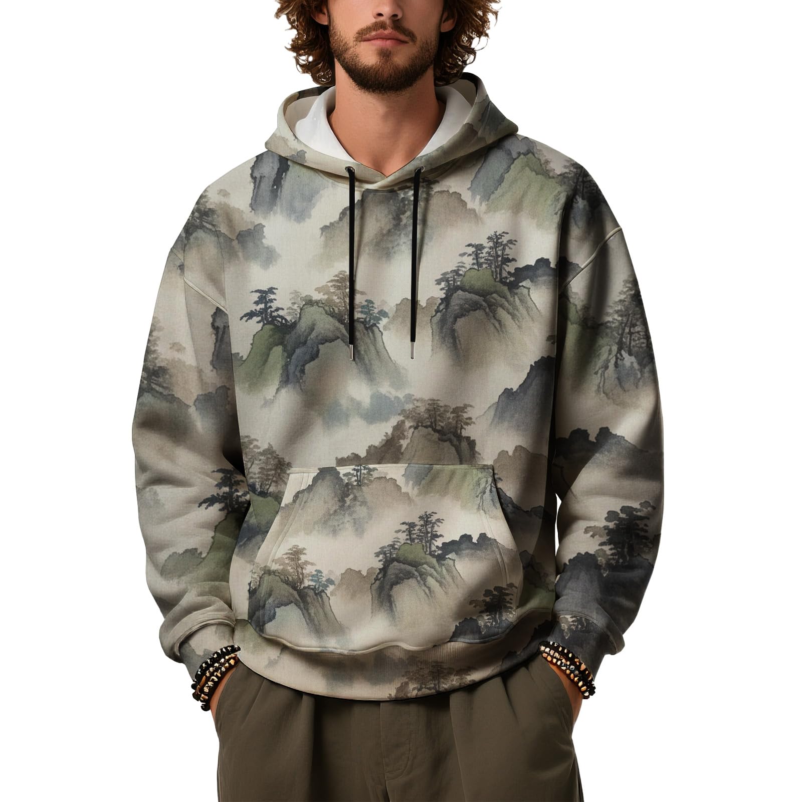 Mens Fleece Japanese Graphic Hoodies Casual Long Sleeve Pullover Sweatshirt Streetwear with Hood