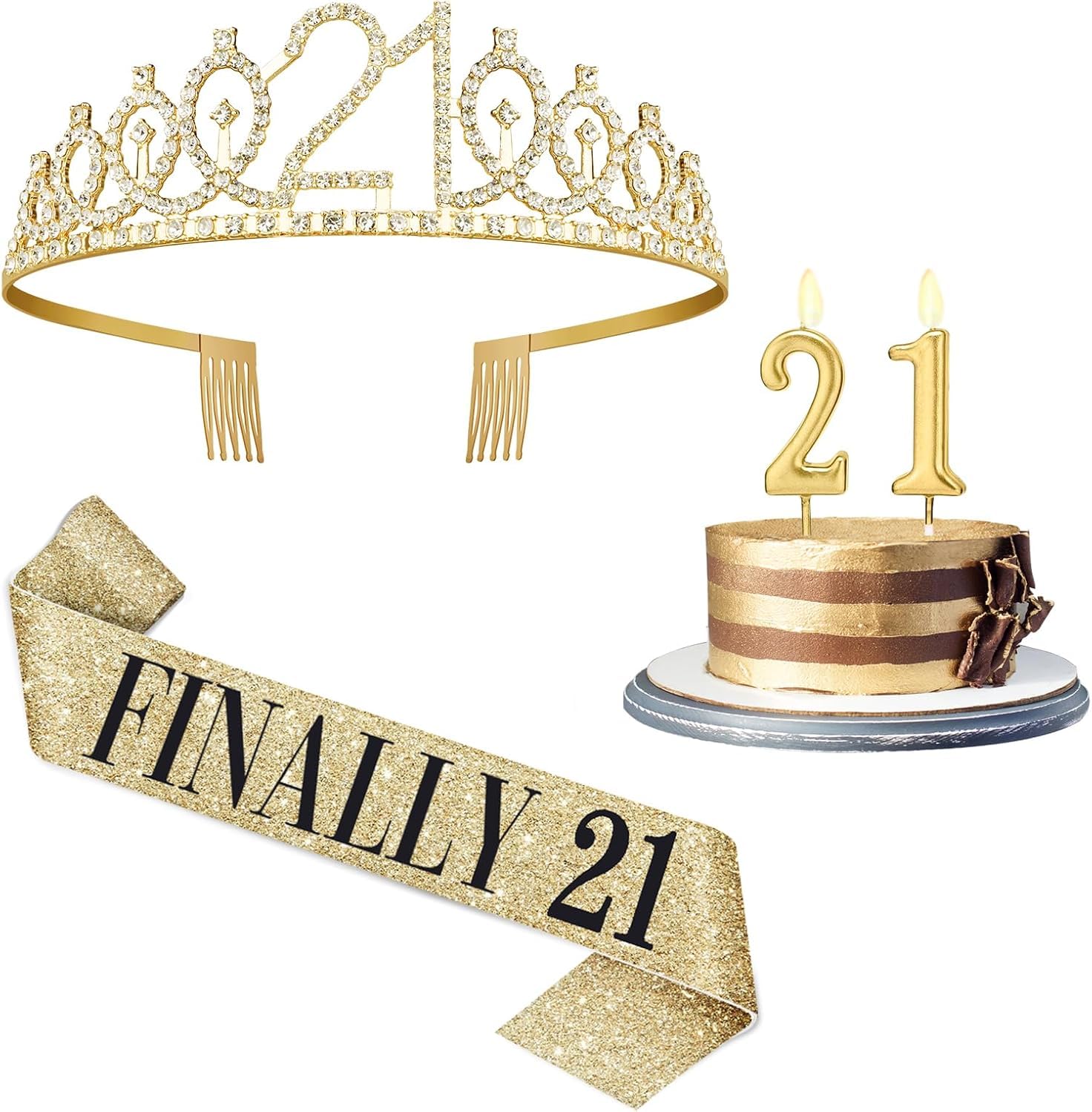 21st Birthday Decorations for Her with 21st Birthday Sash and Tiara, Finally 21 Sash and Crown, Gold Number 21 Candles, 21 Year Old Gifts for Her