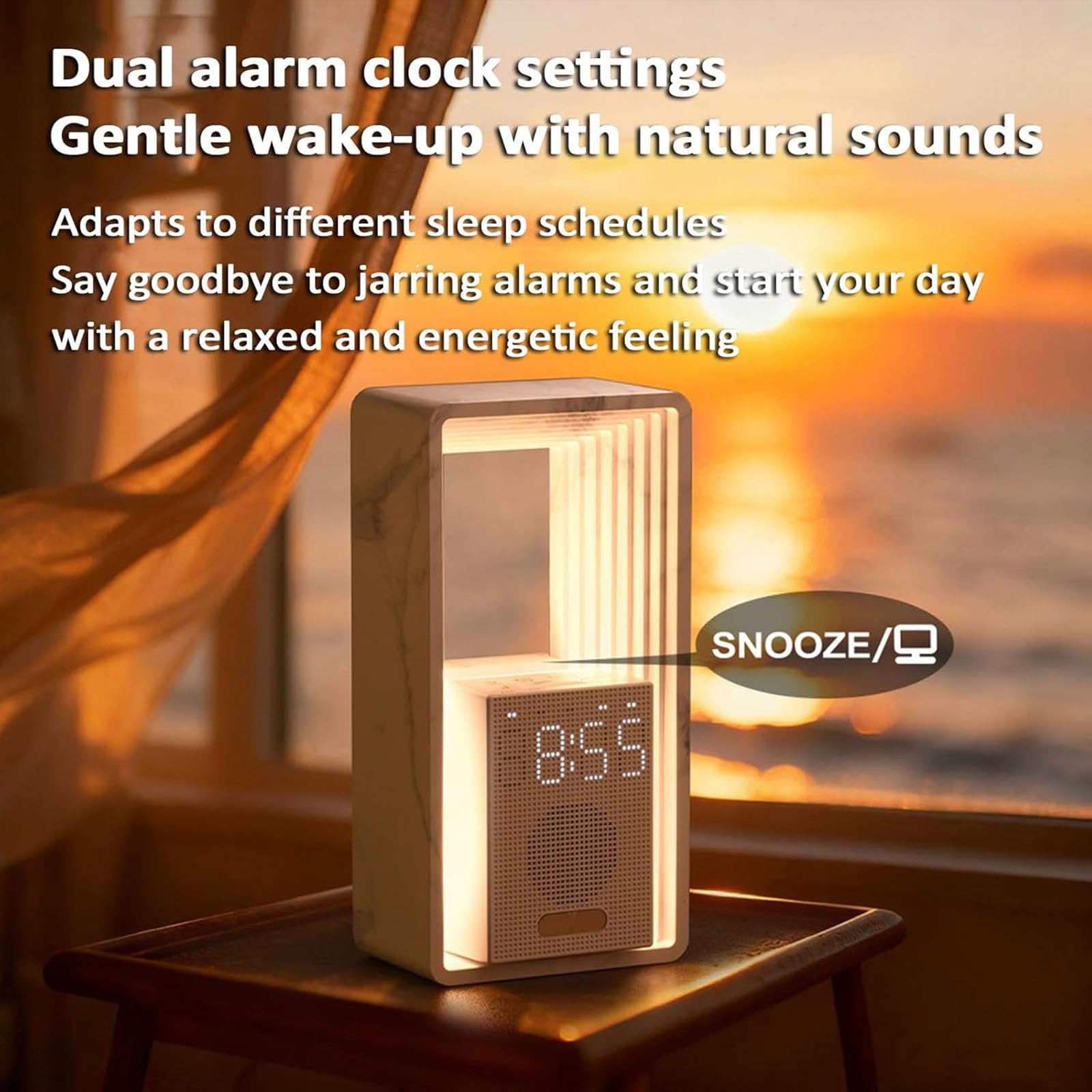 Sonnenaufgangswecker mit Nachtlicht, Dimmbares Display, Einschlafhilfe-Töne, automatische Abschaltung, USB-Ladeanschluss, ideal für zu Hause oder auf Reisen