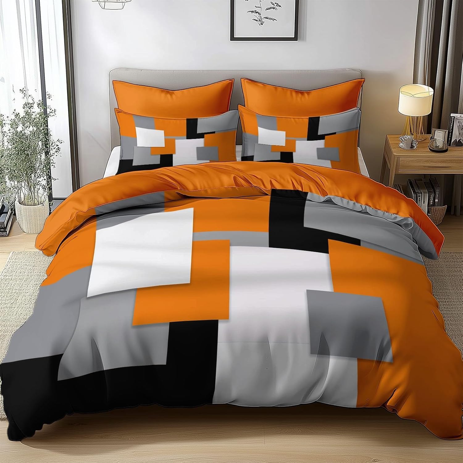 Funda Nordica Cama 135/150 Naranja - Ropa de Cama Microfibra Suave, Funda Nórdica Blanco y Negro Funda Edredon 220x240 cm y 2 Funda de Almohada 50x75 cm, 3D Funda de Edredón q2560