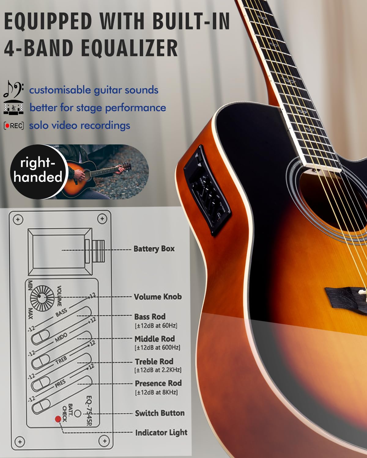 Winzz Chitarra Acustica Elettroacustica 4/4 41 Pollici Kit con 12 Accessori Lucido Sunburst