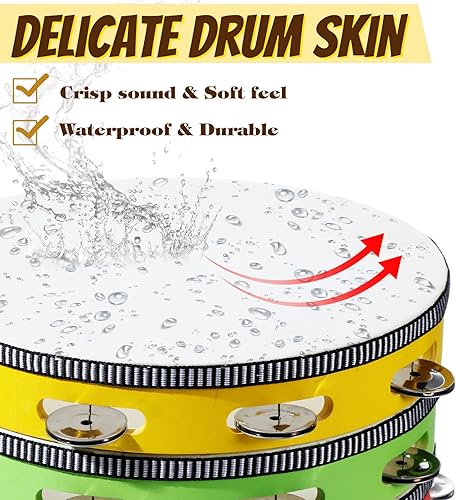 Miniatura 5 de 4 panderetas para adultos de 10 pulgadas, campanas de tambor de mano de abedul de metal, melancías de metal de una sola fila, pandereta de madera,