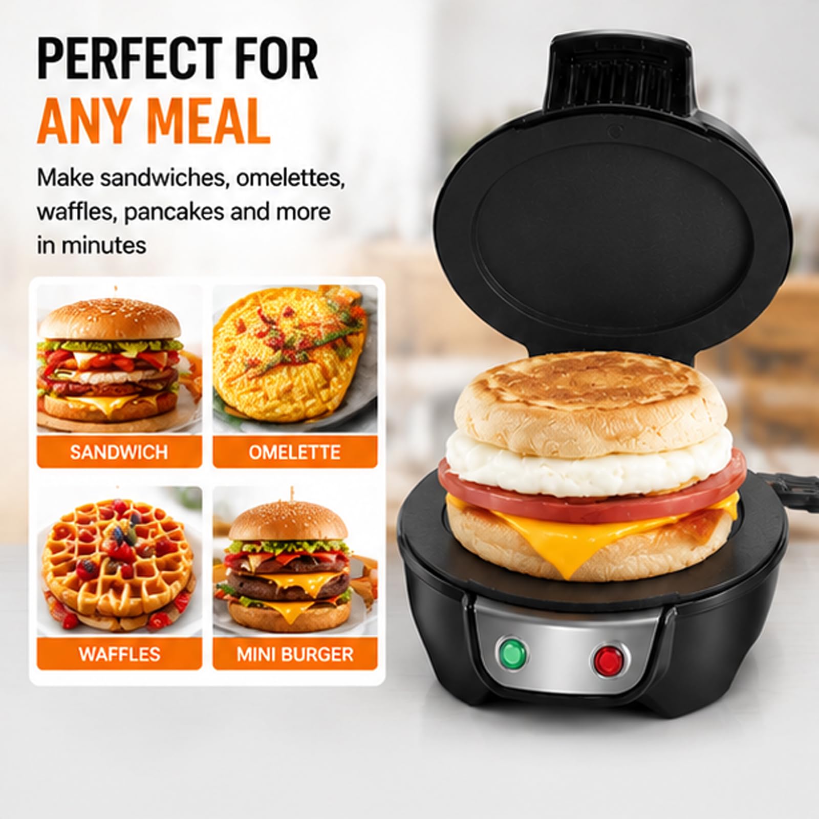 Tostapane elettrico multistrato da 600 W con anello per la cottura delle uo | Macchina per hamburger e muffin, piastre di cottura antiaderenti, riscaldamento su entrambi i lati(black)