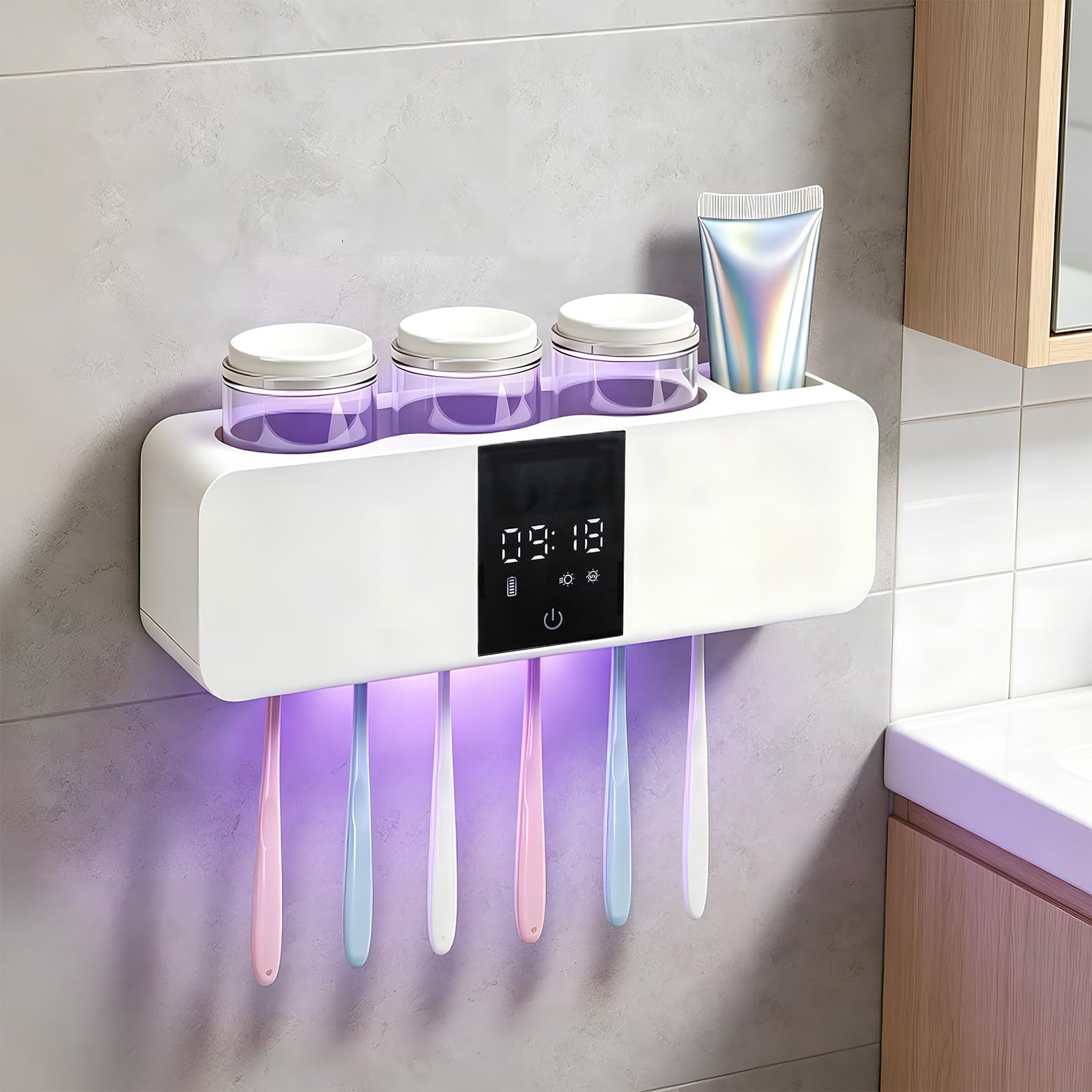 UV Zahnbürste Sterilisator, Zahnbürstenhalter Wand ohne Bohren mit Trocken, Solarladung und Auto Desinfektion für Badezimmer, Elektrische Zahnbürstenhalter mit 6 Steckplätzen, inkl. 3 Becher (Weiß)