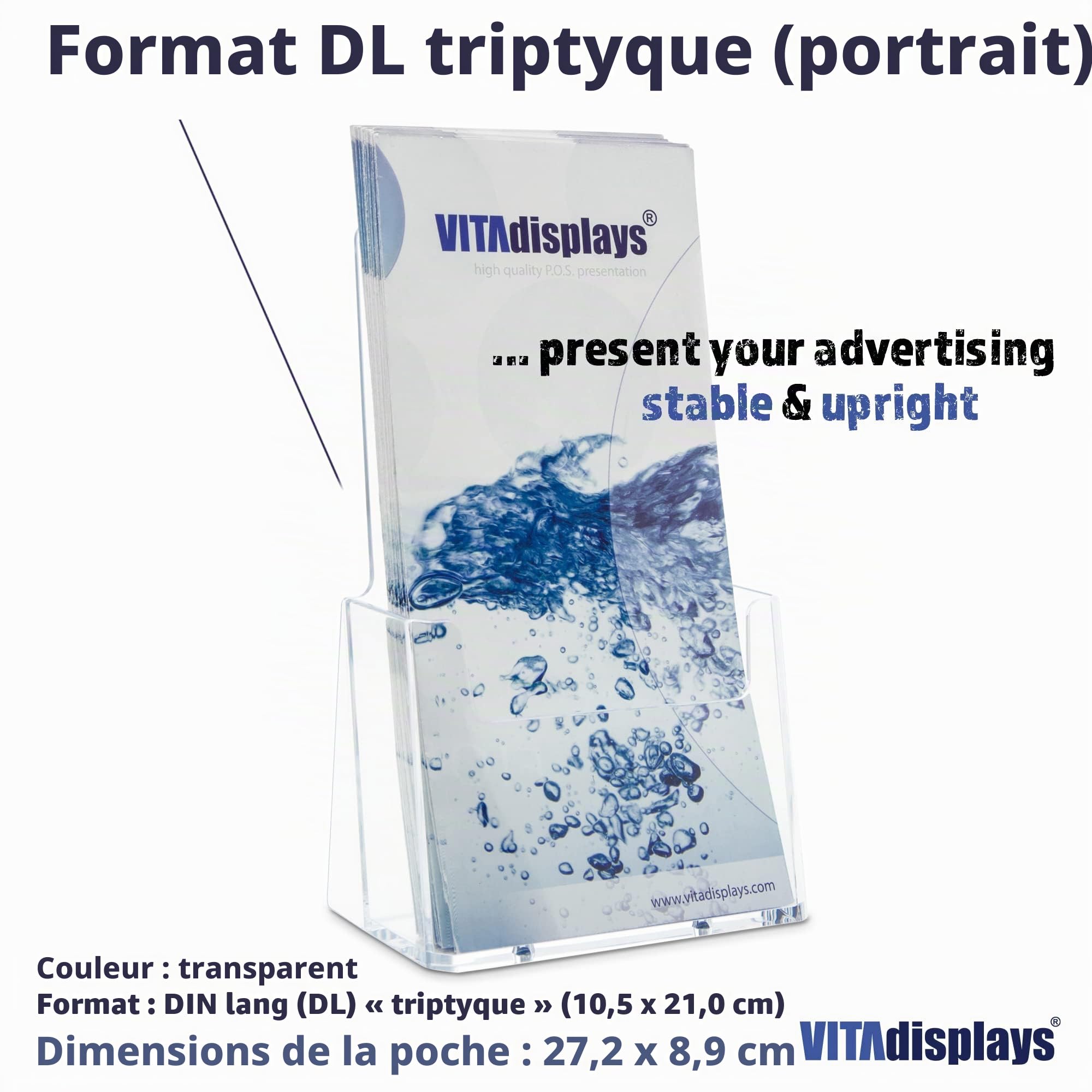 VITAdisplays Lot de 5 présentoirs de table pour prospectus Transparent Format DIN long (DL)