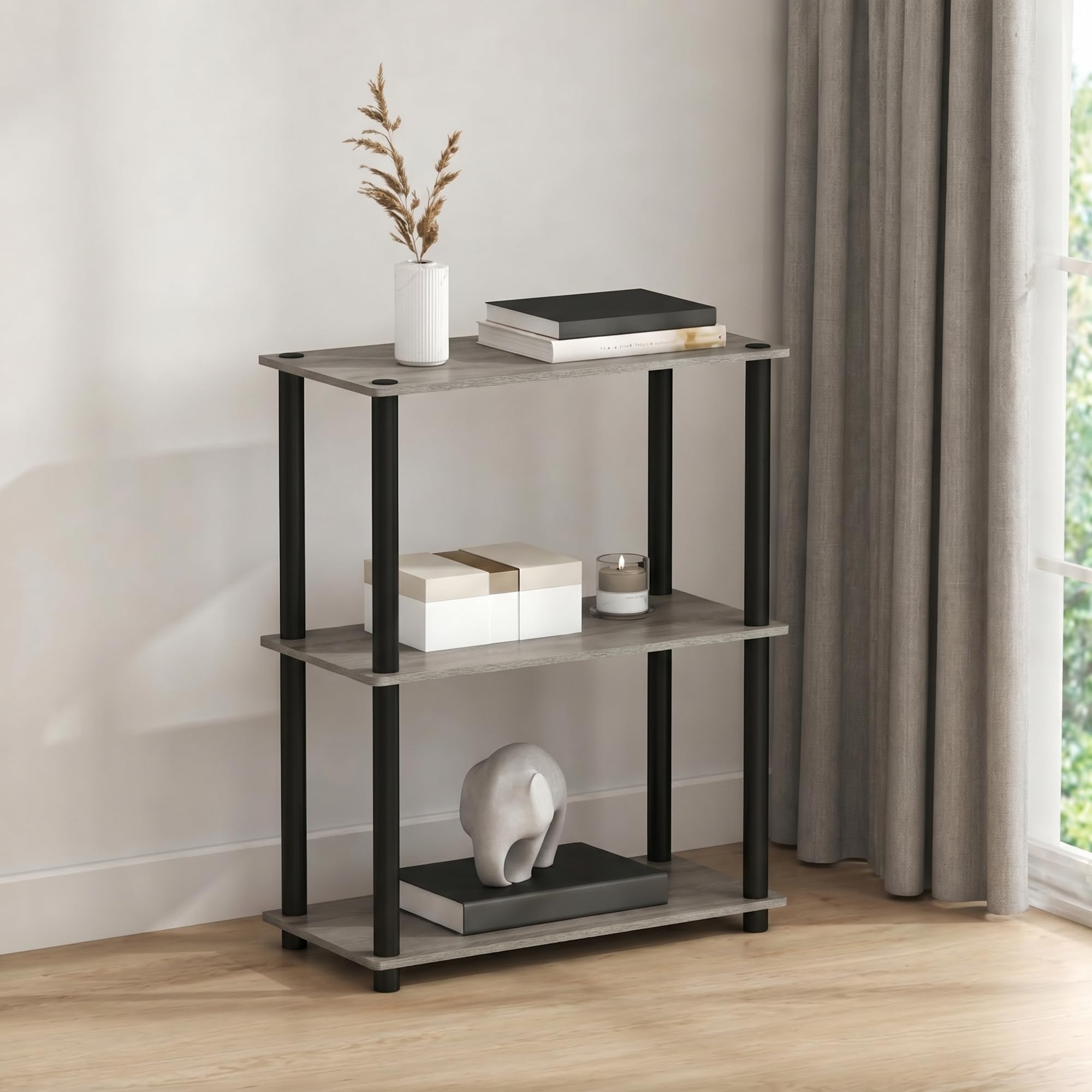 Furinno TURN-N-TUBE Storage Shelves, 3-Tier Book Shelf, Corner Shelf, Toolless Open Shelves, for Organization and Storage, Living Room, Bedroom, Entryway, Laundry, Grey Oak โ image 1