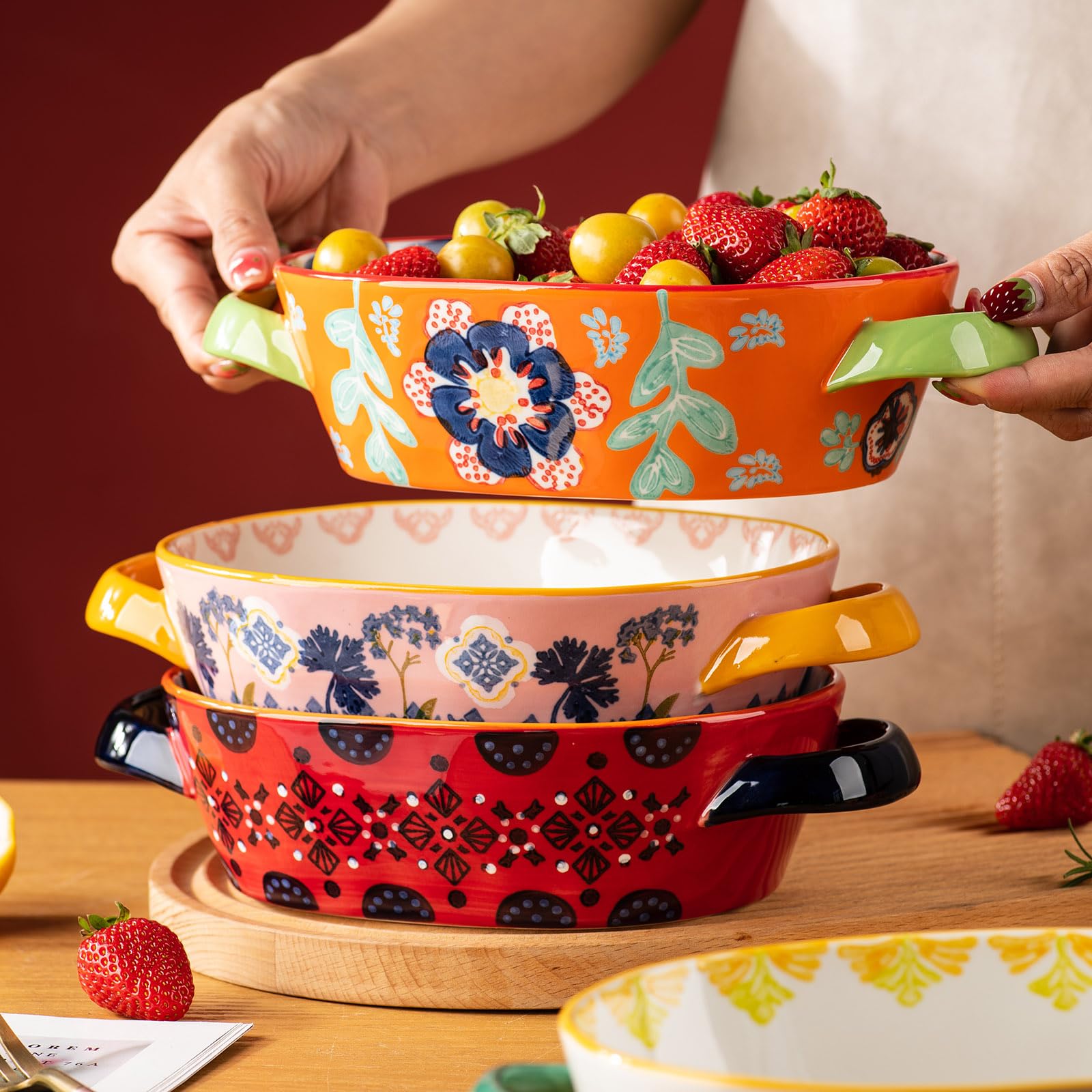 Cazuela de cerámica para hornear de 9.7 x 6.25 pulgadas, sartén profunda para lasaña para horno, bandeja para hornear de 28 onzas con asas, apta para horno y duradera para lasaña, regalos de