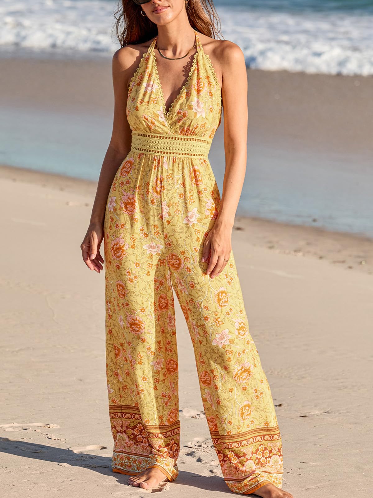 CUPSHE Overol de verano para mujer, floral, halter, bohemio, con encaje, corte de pierna ancha, sin espalda, sin mangas, con bolsillos
