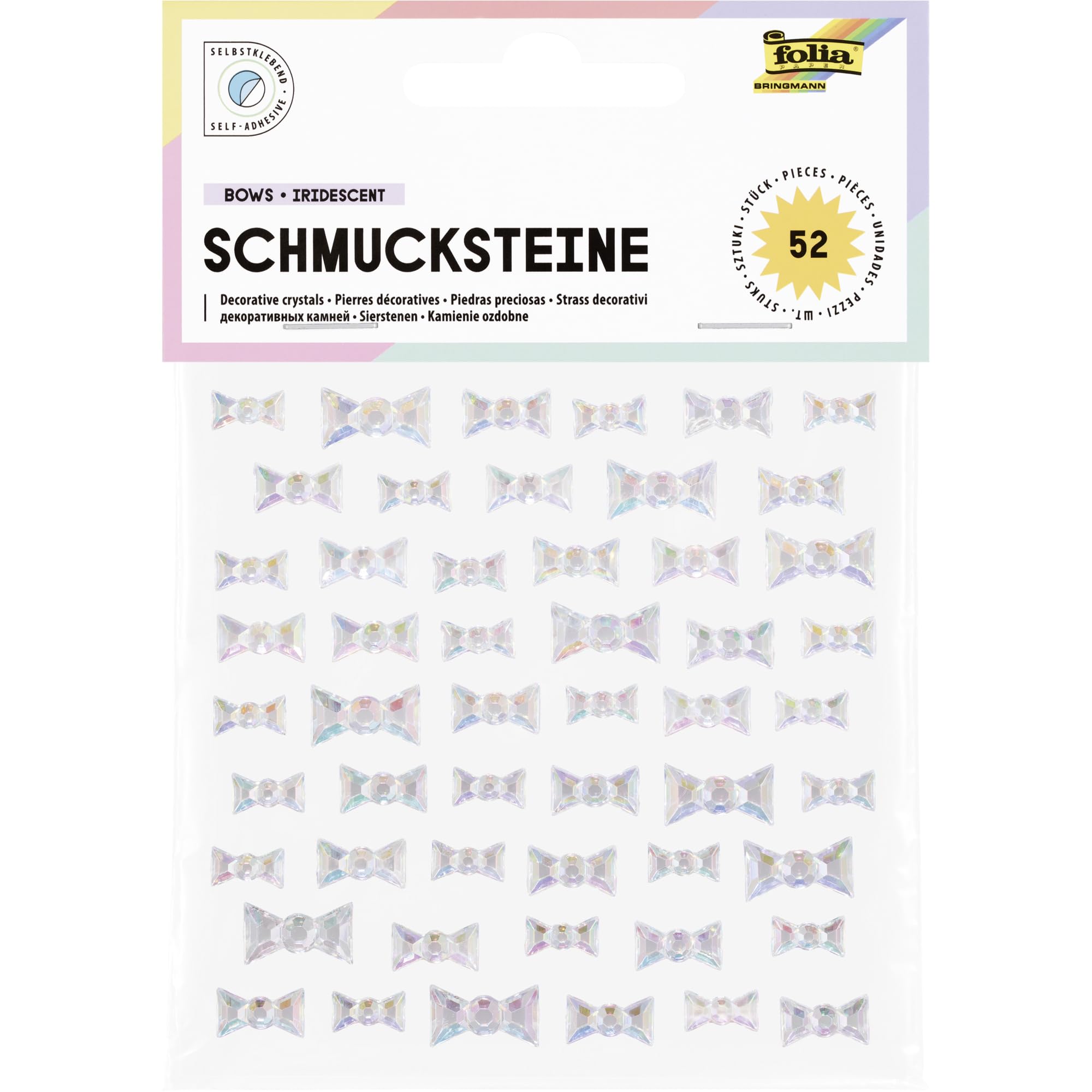 folia 12319-BOWS IRIDESCENT Decorative Stones Glitter Bowknot Stones Stickers in 3 Sizes Self Adhesive for Embellishment and Decorating, 52 Pieces