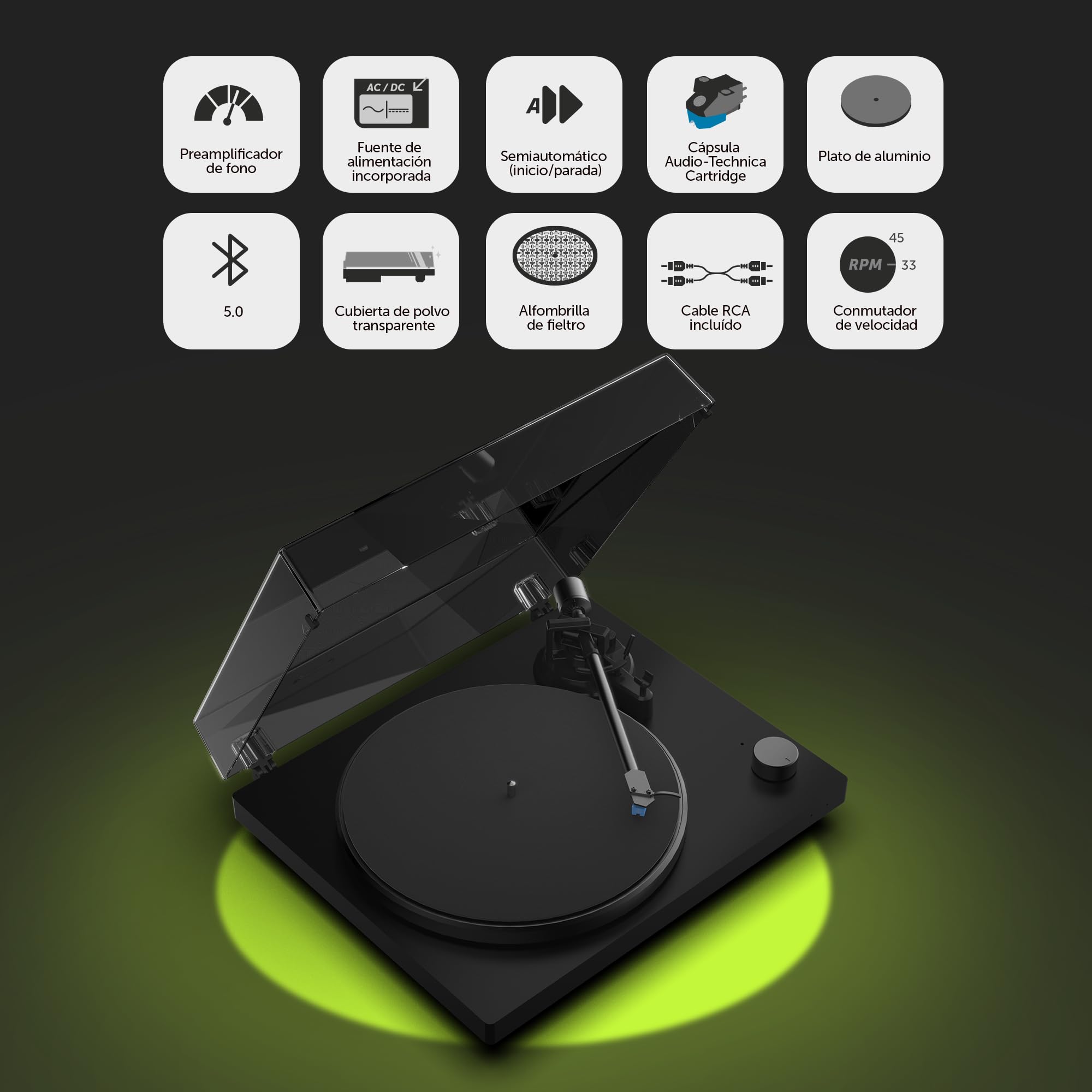Vieta Pro | Tocadiscos de Vinilo Bluetooth con cápsula Audio Technica, Cable RCA. Toca Discos estéreo con Plato de Aluminio de 300mm y Velocidad de 33 a 45rpm. Giradiscos Alta Fidelidad G3000