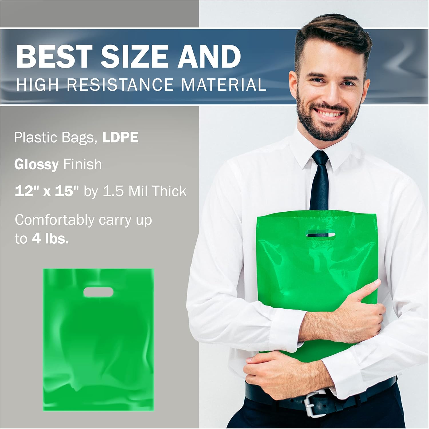 Green Merchandise Plastic Shopping Bags - 100 Pack 12" x 15" with 1.5 mil Thick - Die Cut Handles - Perfect for Retail, Party Favors, Birthdays, Goodie Bags - Color Green - 100% Recyclable - Image 3