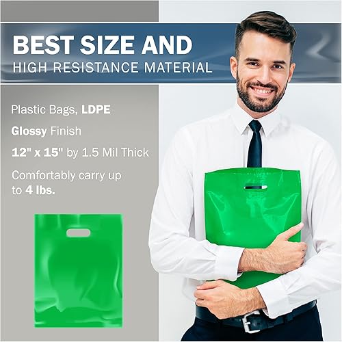Miniatura 3 de Green Merchandise - Bolsas de plástico para compras, paquete de 100 unidades de 12 x 15 pulgadas con 1.5 mil de grosor, asas troqueladas, perfectas