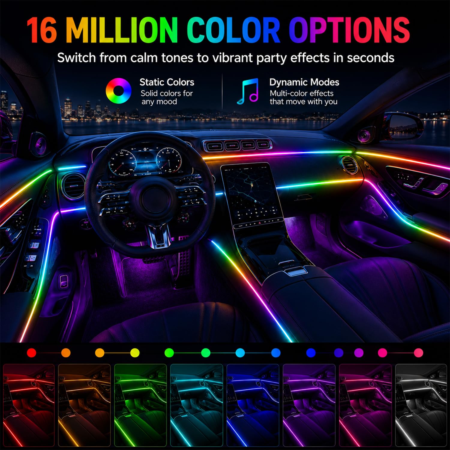 Illuminazione Interna a LED per Auto, 6 m/18 in 1 RGB, 12 V, Atmosfera LED Con App + Controllo Remoto, Laser Multicolore