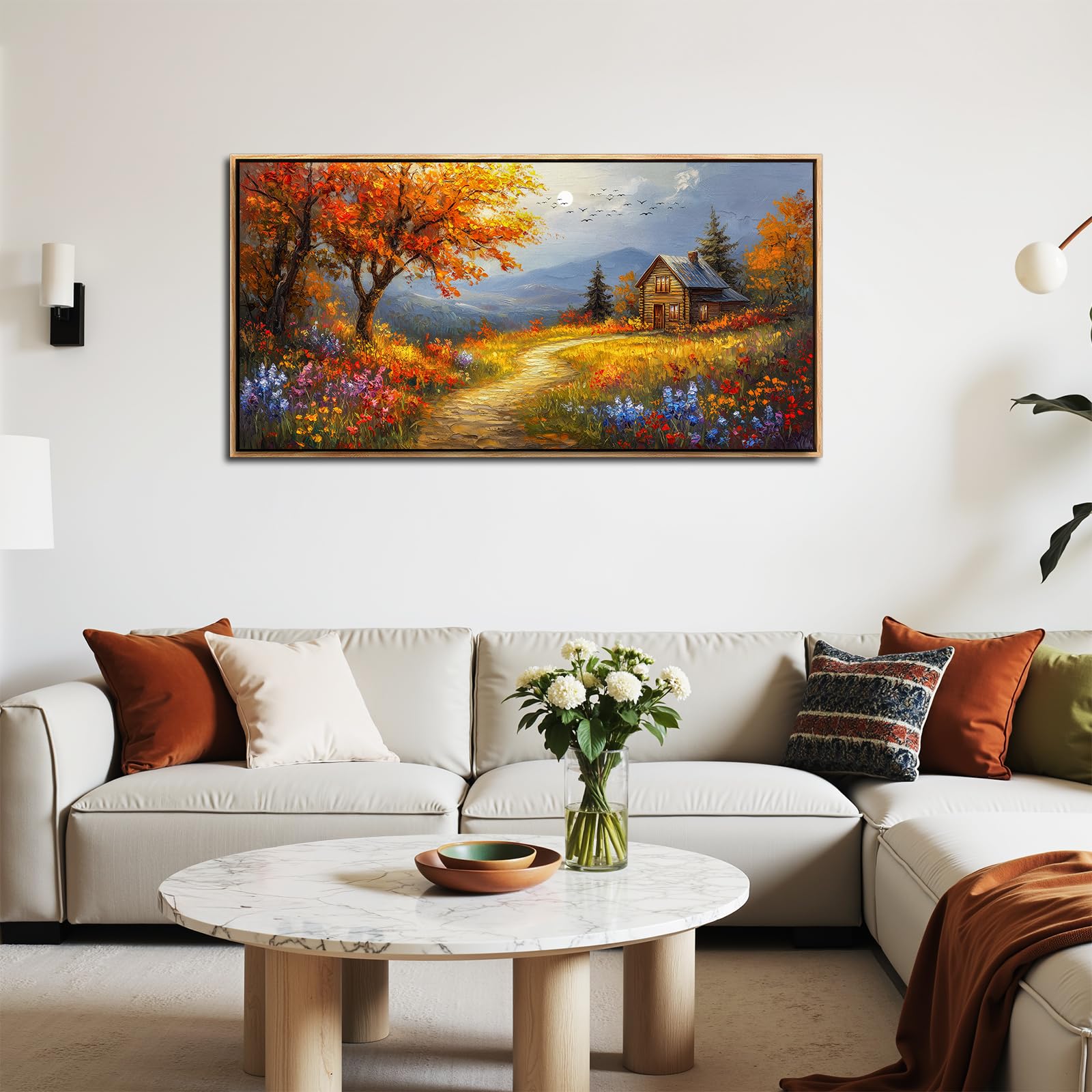 SERIMINO Quadro Moderno Fiori Paesaggio con Cornice Grandi 50x100 cm | Fiori Selvatici, Legno Massello, Tela Densa, Stampa HD, Install Facile, Usi Vari, Regalo