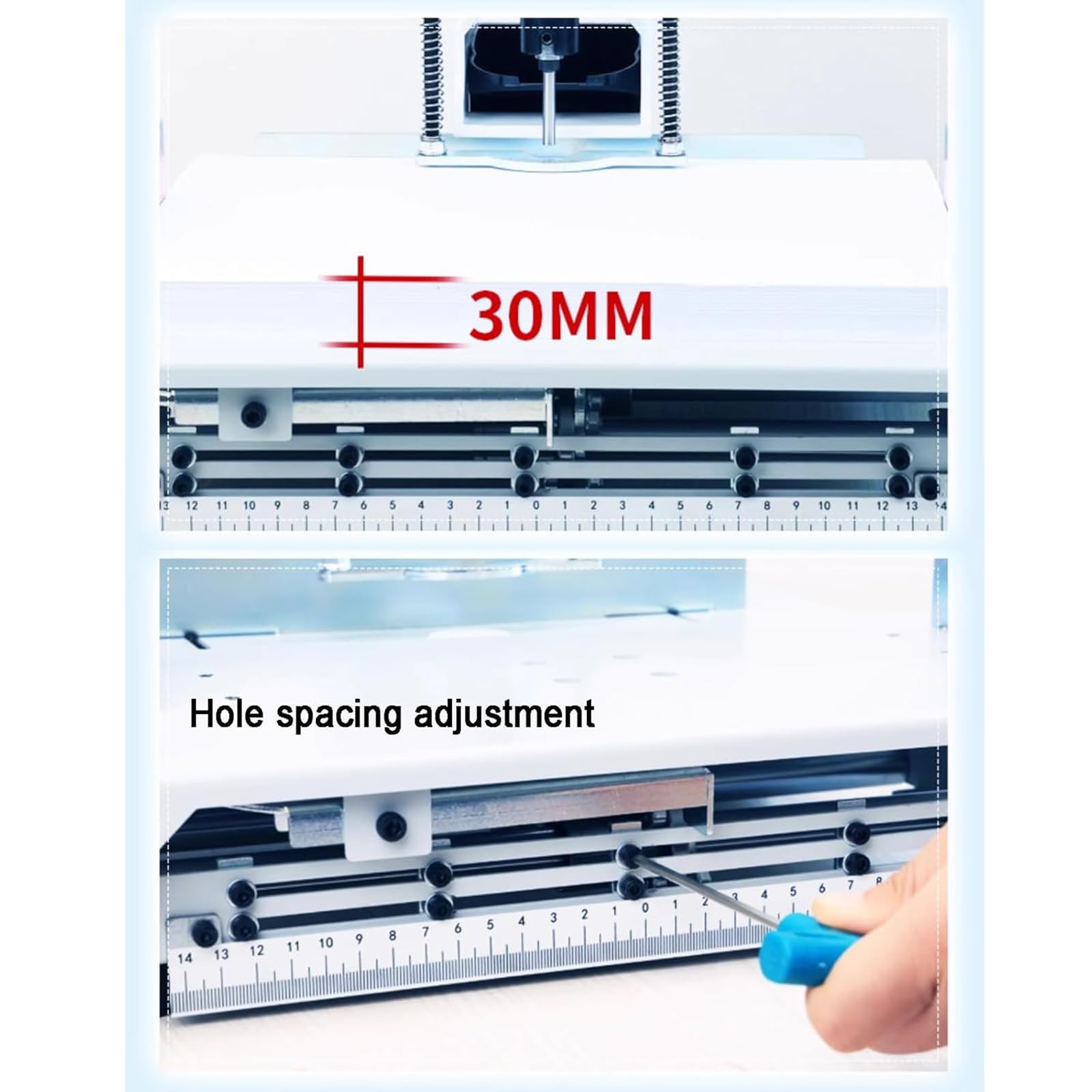 Einzellochstanzer, 30 mm Dicke, verstellbare Vorschubtiefe, mehrere Lochabstände für Papier und Kunststoff