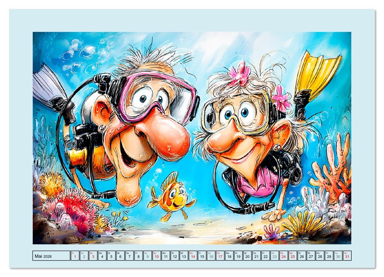 Rentner rocken das Leben! Mit Schwung durch den Ruhestand (Wandkalender 2026 DIN A2 quer), CALVENDO Monatskalender: Ein witziger Cartoon-Kalender ... in vollen Zügen genießen (CALVENDO Menschen)