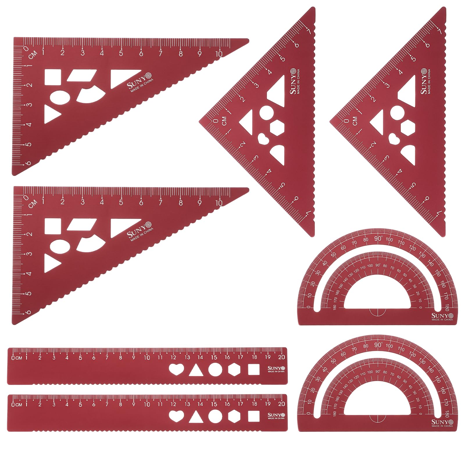 sourcing map 8pcs Triangular Ruler Set 20cm Aluminum Alloy Straight Geometric Protractor Triangle Engineering Scale Drafting Ruler Kit Measuring Drawing Tool for Classroom Office Home, Red