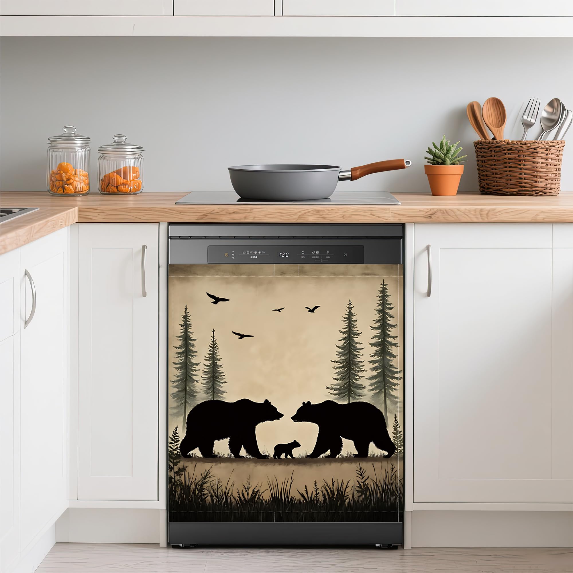 Bear Family Dishwasher Covers for The Front Magnetic,Vintage Forest Refrigerator Magnets Decoration,Reusable Dishwasher Cover Panel for Home Kitchen Decor 23x26 Inch
