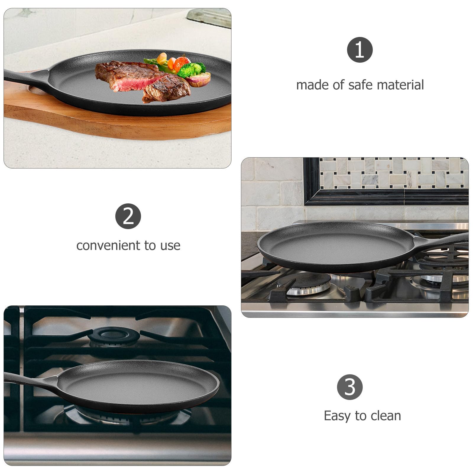 USHOBE Sartén de Hierro Fundido Sartén Antiadherente Redonda con Mango Portátil y Base de Madera Fácil de Limpiar y Duradera para Cocina en Casa