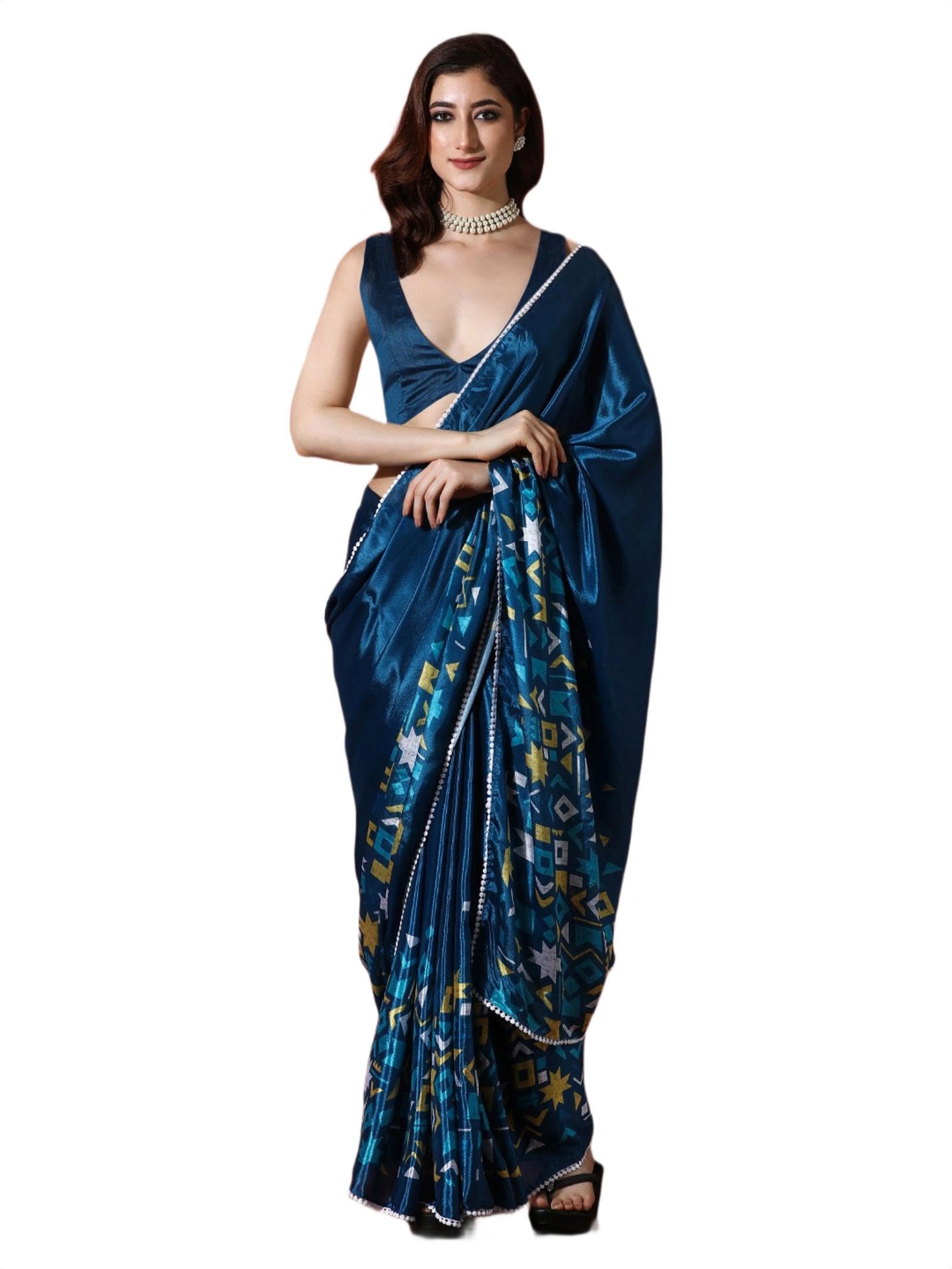 amazon brand - tavasya Women's Chinnon Ready To Wear Printed Saree with Unstitched Blouse Piece and Lace Work-VP5079 to 5086-P-picture-19