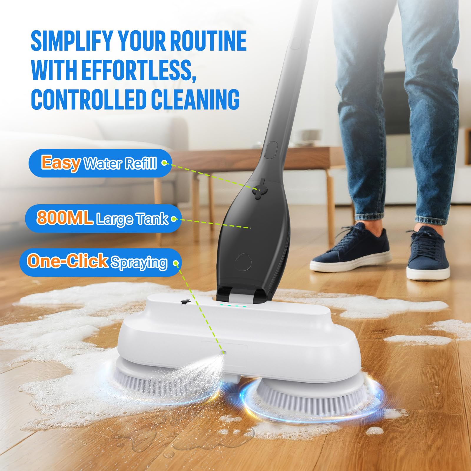 Balai Nettoyeur de Sol Électrique Sans Fil IPX8 avec Pulvérisateur, Autonomie 60 Min, Réservoir 800ml, Manche 4-Niveaux, Nettoyeur et Polisseur pour Parquet, Carrelage et Marbre