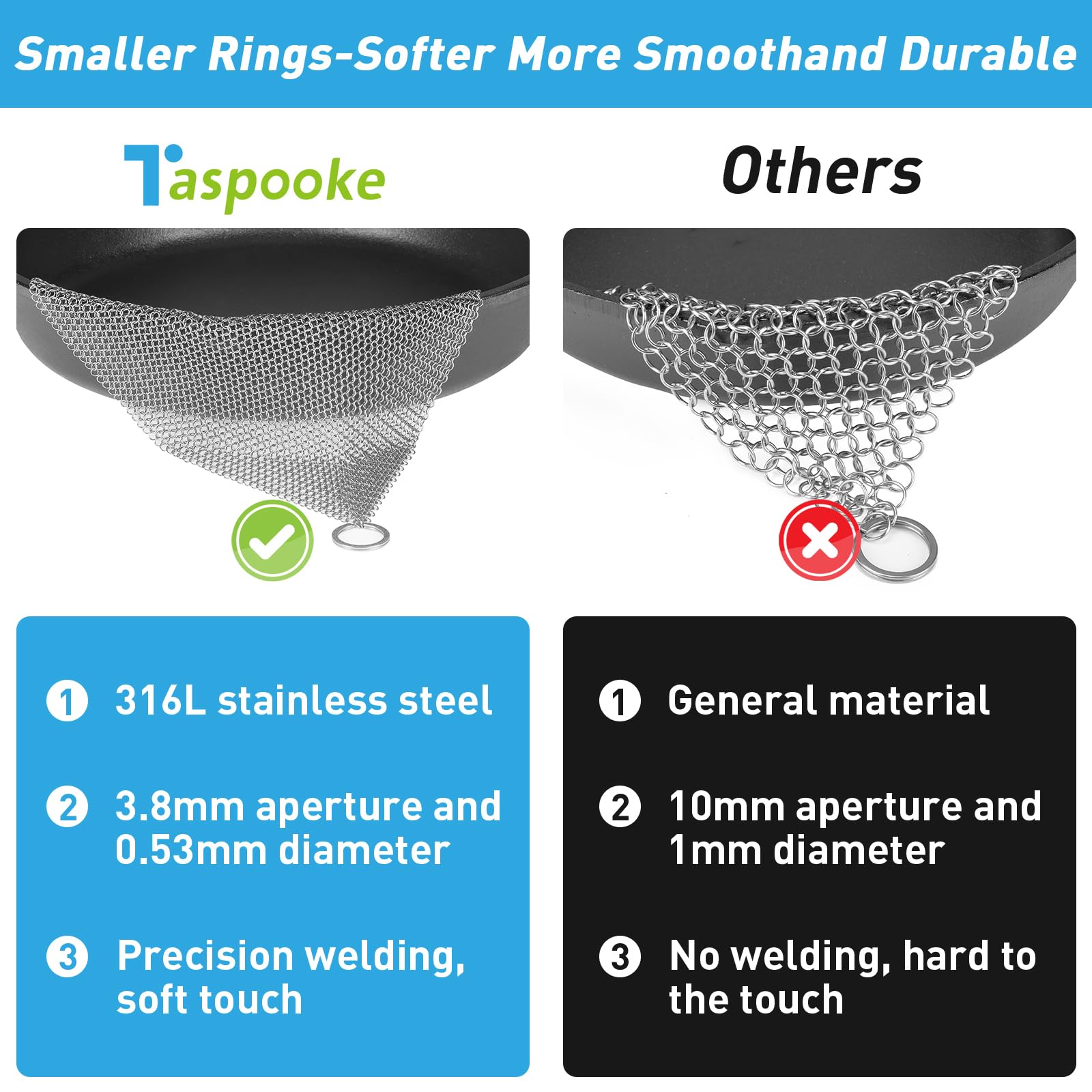 Scrubber żeliwny, skrobak ze stali nierdzewnej 316L, ulepszona szorowarka kolczuga 3,8 mm, do wstępnie sezonowanego garnka, holenderskiego piekarnika, gofrownicy, żeliwna patelnia, szklany