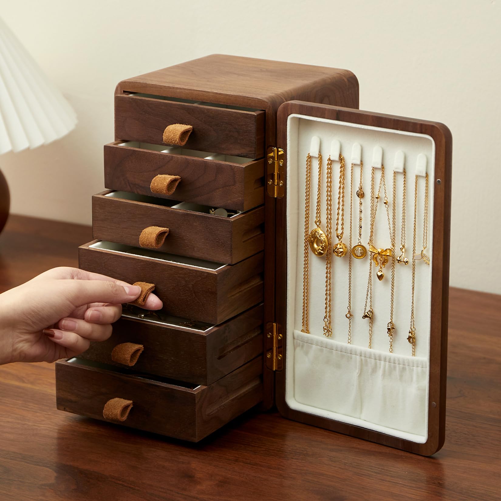 Black Walnut Solid Wood Cabinet Jewelry Box for Women Large Velvet Lined Organizer with 6 Drawers Cherry Wood