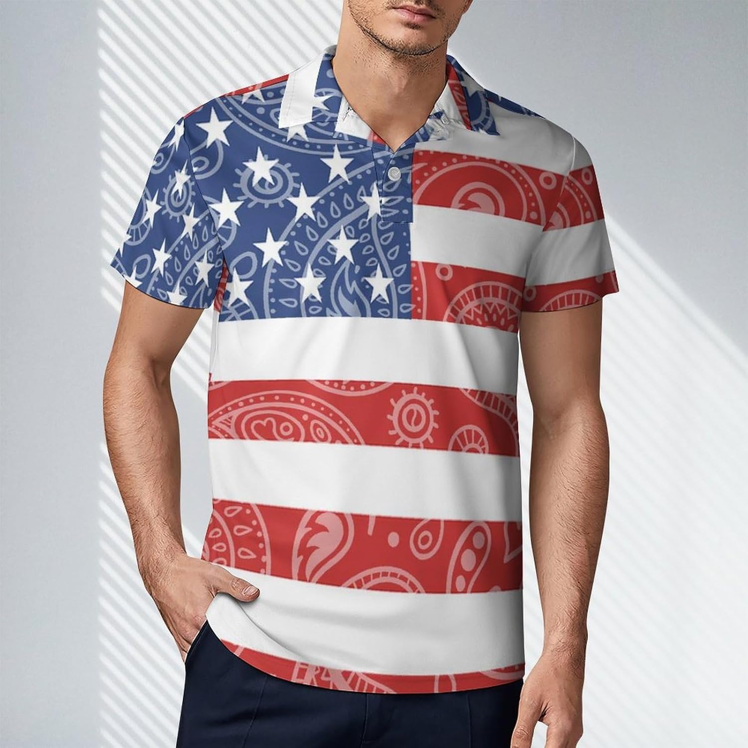U.S. Flag Paisley Pattern Novelty Men's Short Sleeve Shirt Golf Tennis Shirts Work T-Shirt Sport Tee