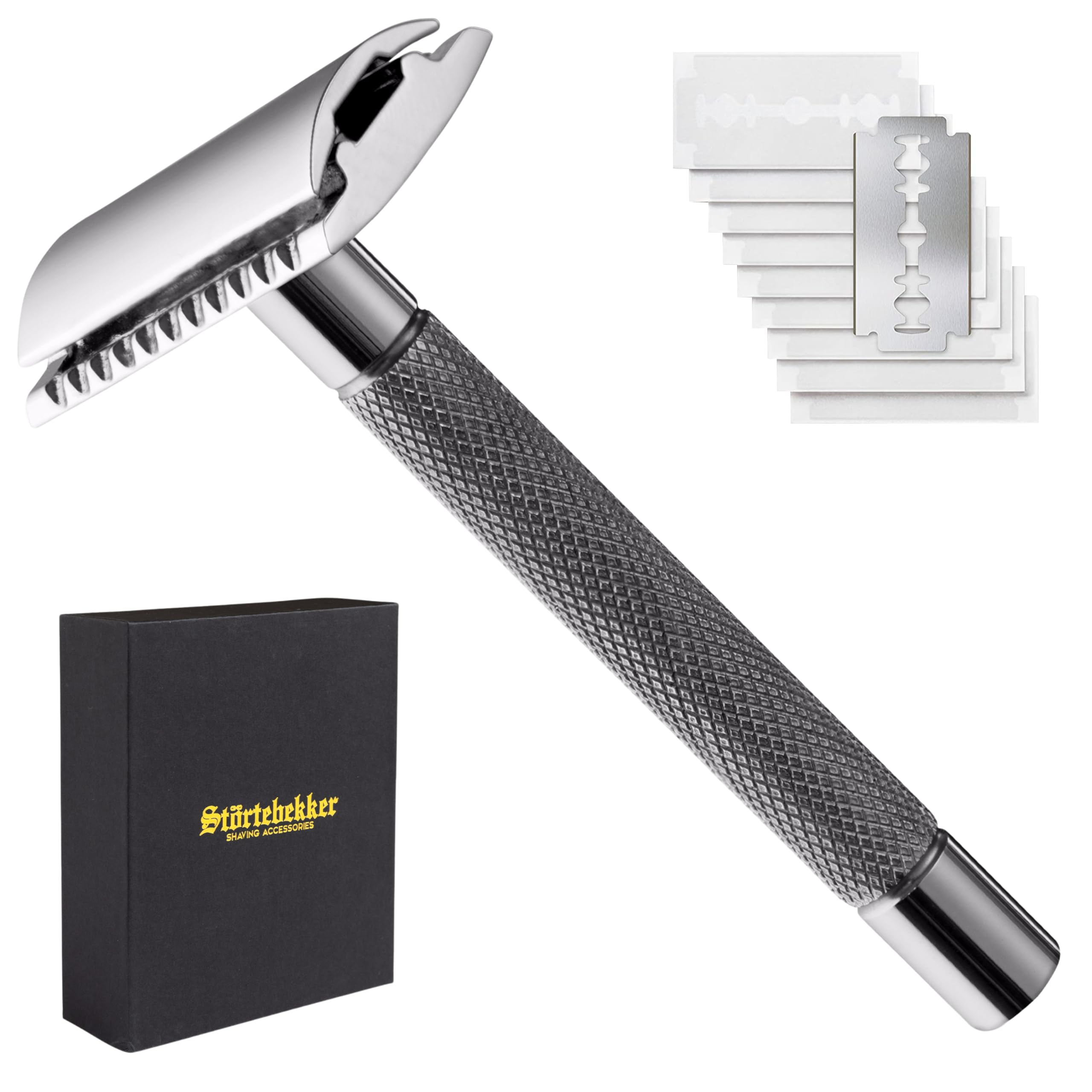 Störtebekker® Premium maszynka do golenia "Solingen" ze stalowym uchwytem – w zestawie z przewodnikiem do golenia [+10 ostrzami Störtebekker] – pomysł na prezent – zestaw do golenia na mokro w jakości