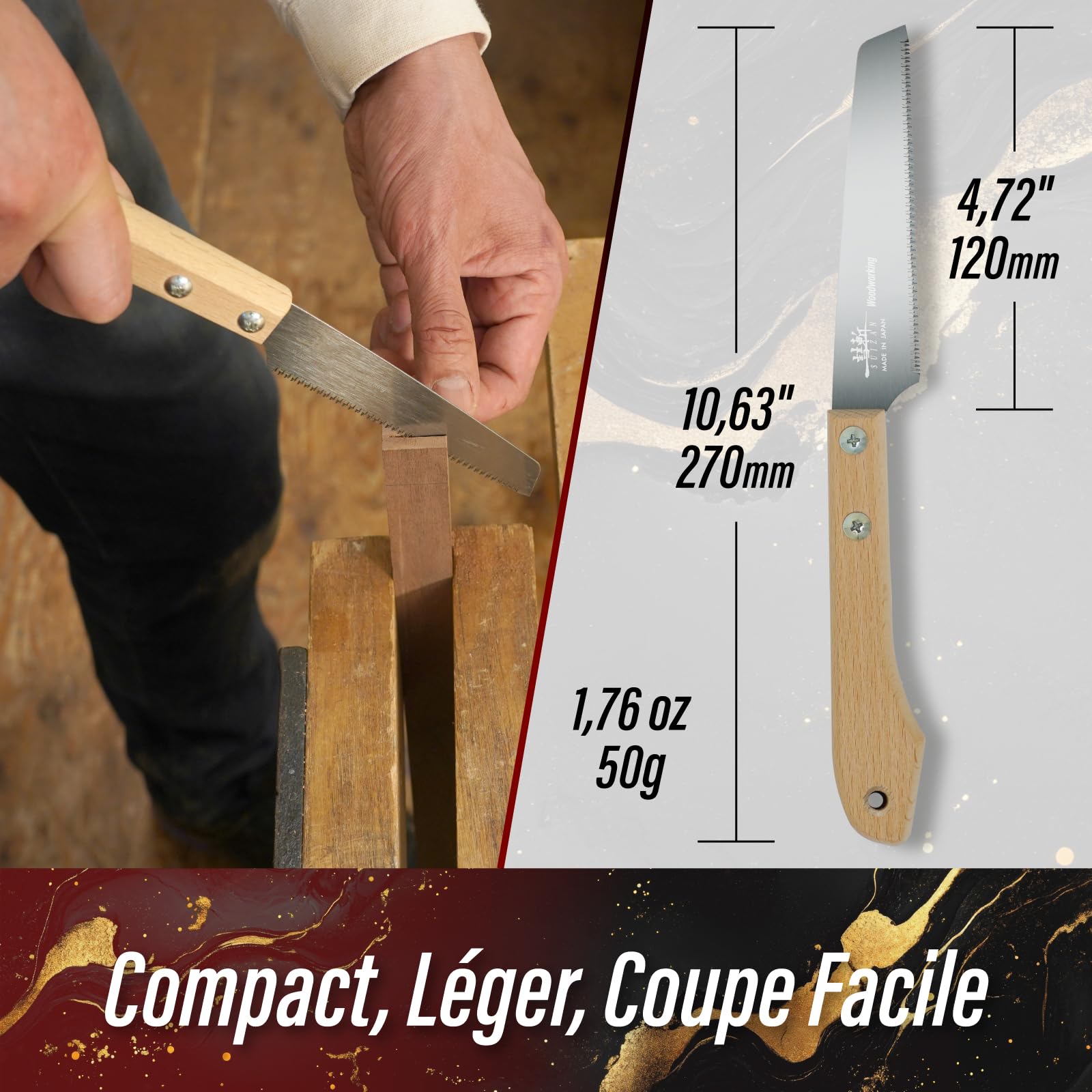 SUIZAN Petite Scie à Main 120mm Lame Polyvalente - Égoïne Japonaise Compacte à Traction Simple Tranchant Outil pour Bois