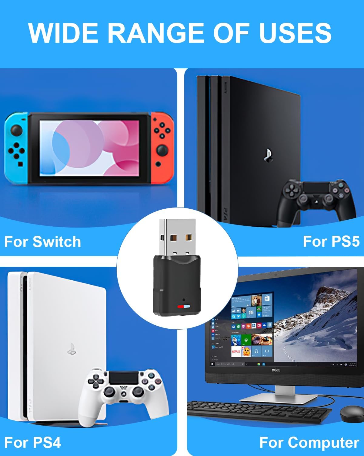 USB Bluetooth 5.3 Adaptador para PS5/PS4/PC/Switch, 3 Mbit/S Baja Latencia Adaptador Bluetooth 5.3 Receptor Transmisor De Audio USB para Macos/Windows/Altavoces/Auriculares, Plug and Play