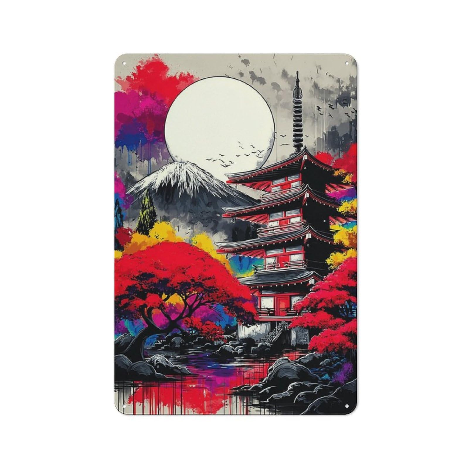 Junmoney Japanese Pagoda Moonlit Reflections Metal Wall Sign 30X20cm, Retro Decor For Hallway Wall, For Wall Display Collectors