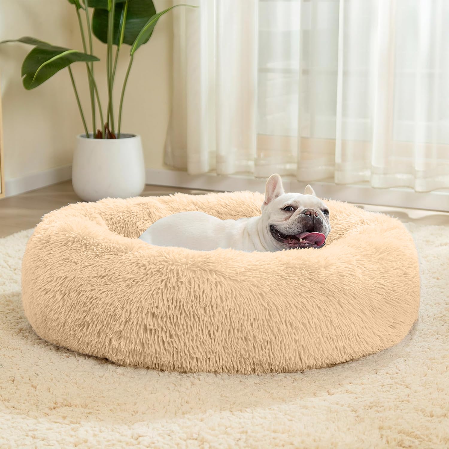 Cama para perros, mullida, cojín para perros, redondo, cama para mascotas, donut y gatos, lavable con base antideslizante, para perros grandes, medianos y pequeños, 70 cm, camello