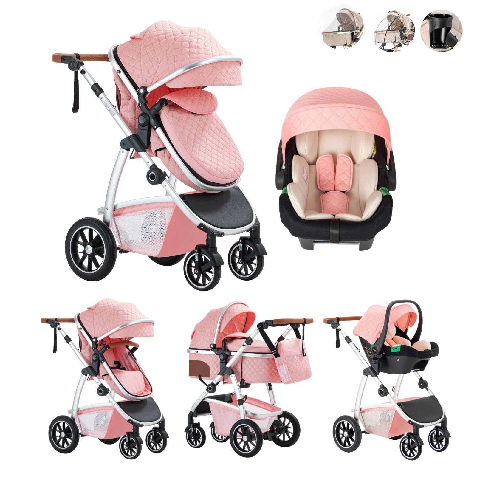 3 in 1 Passeggino Combinato, Passeggino per Bambini con ECE R129 Seggiolino Auto, Telaio in Alluminio ad alto Campo visivo Carrozzina (22KG, 0-4 Anni)