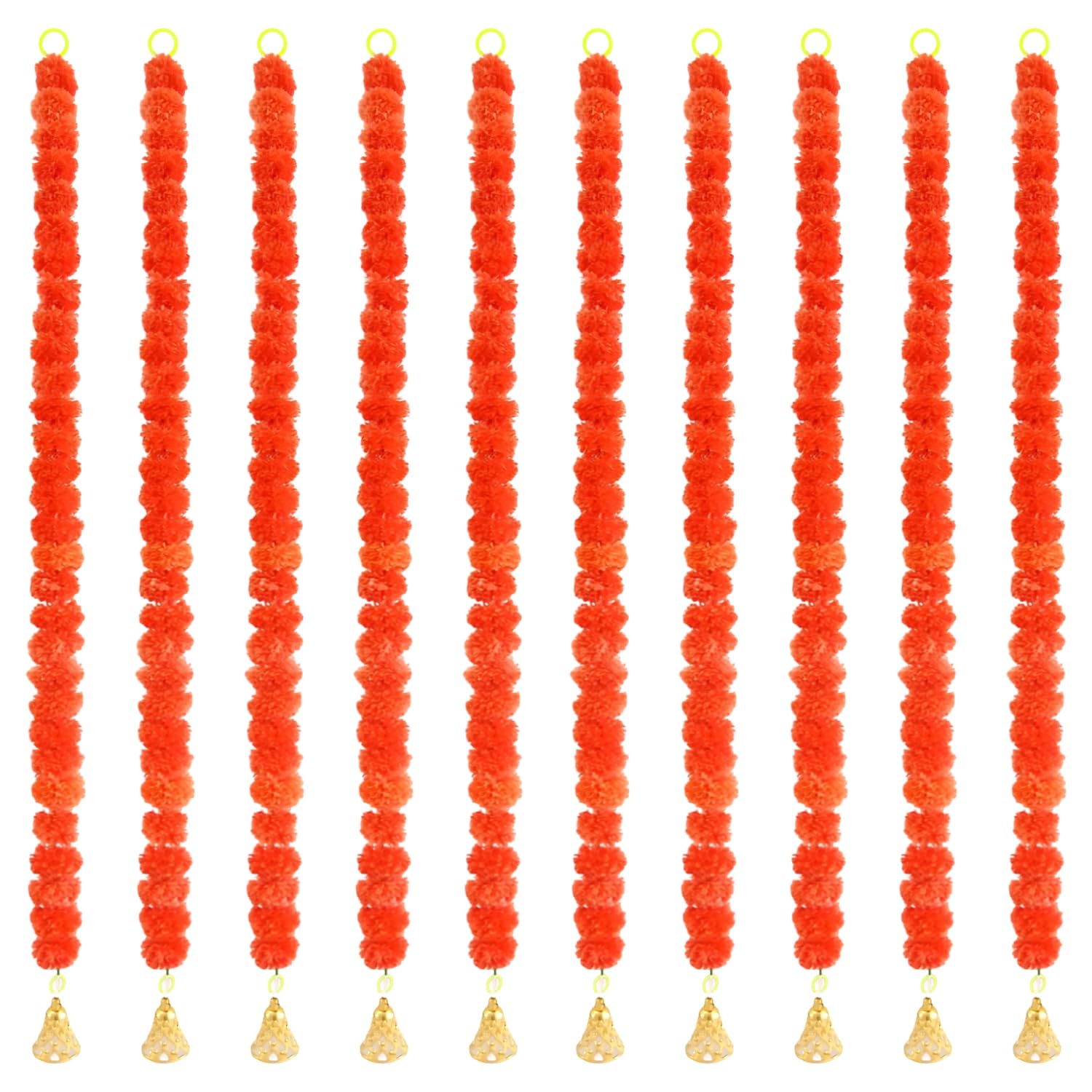 Artificial Marigold Flower Garland with Bell - 10 Nos (5 feet Each)|Genda Phool Mala for Diwali, Home & Festival|Reusable Decorative Door Toran & Backdrop Garland Set (Orange)