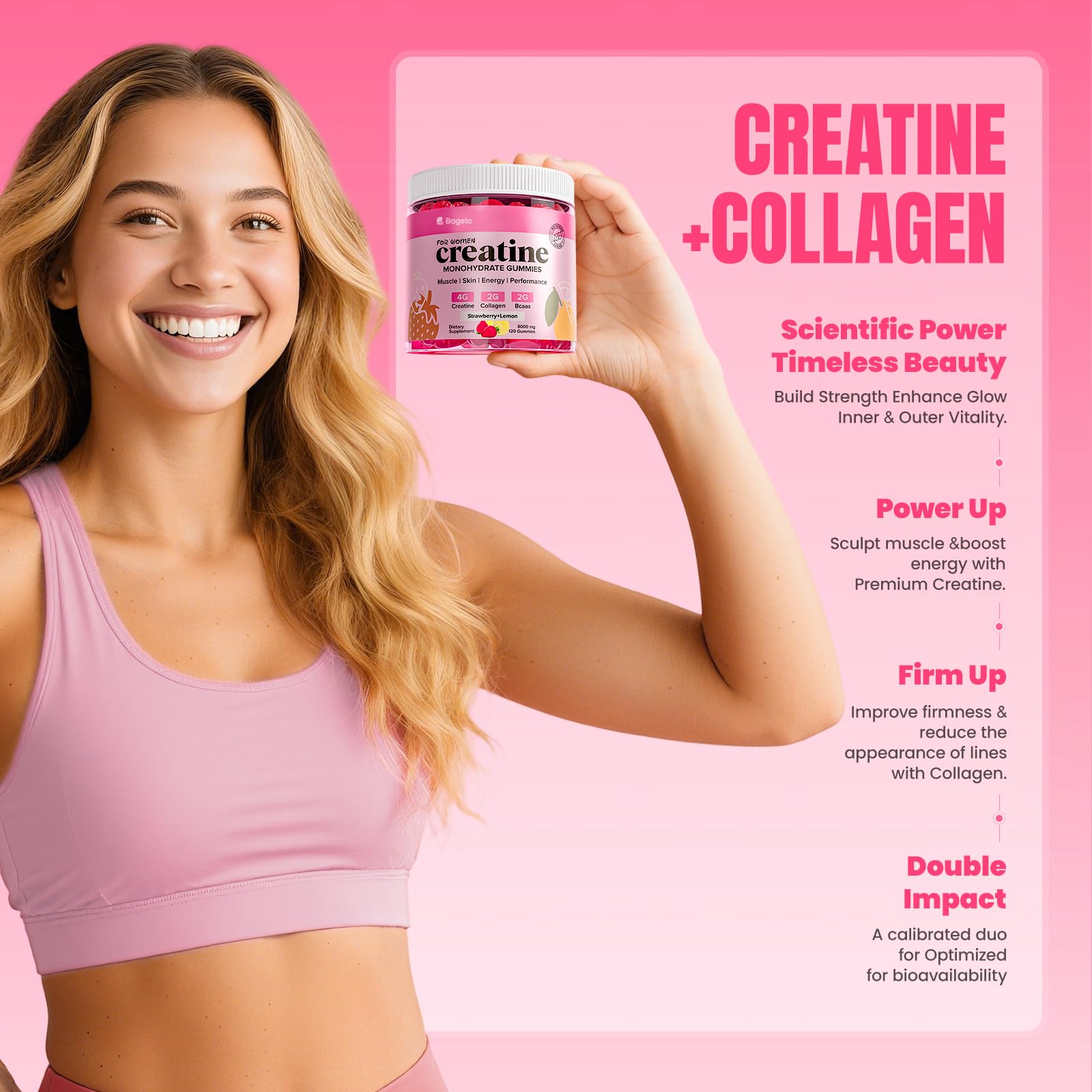 Creatine Gummies for Women, 8000 MG Complex with Collagen + BCAAs + Vitamin C & B12, Creatine Monohydrate Gummies for Women, for Booty, Energy & Strength, Sugar Free 120 Count Strawberry-Lemon Flavor - 4