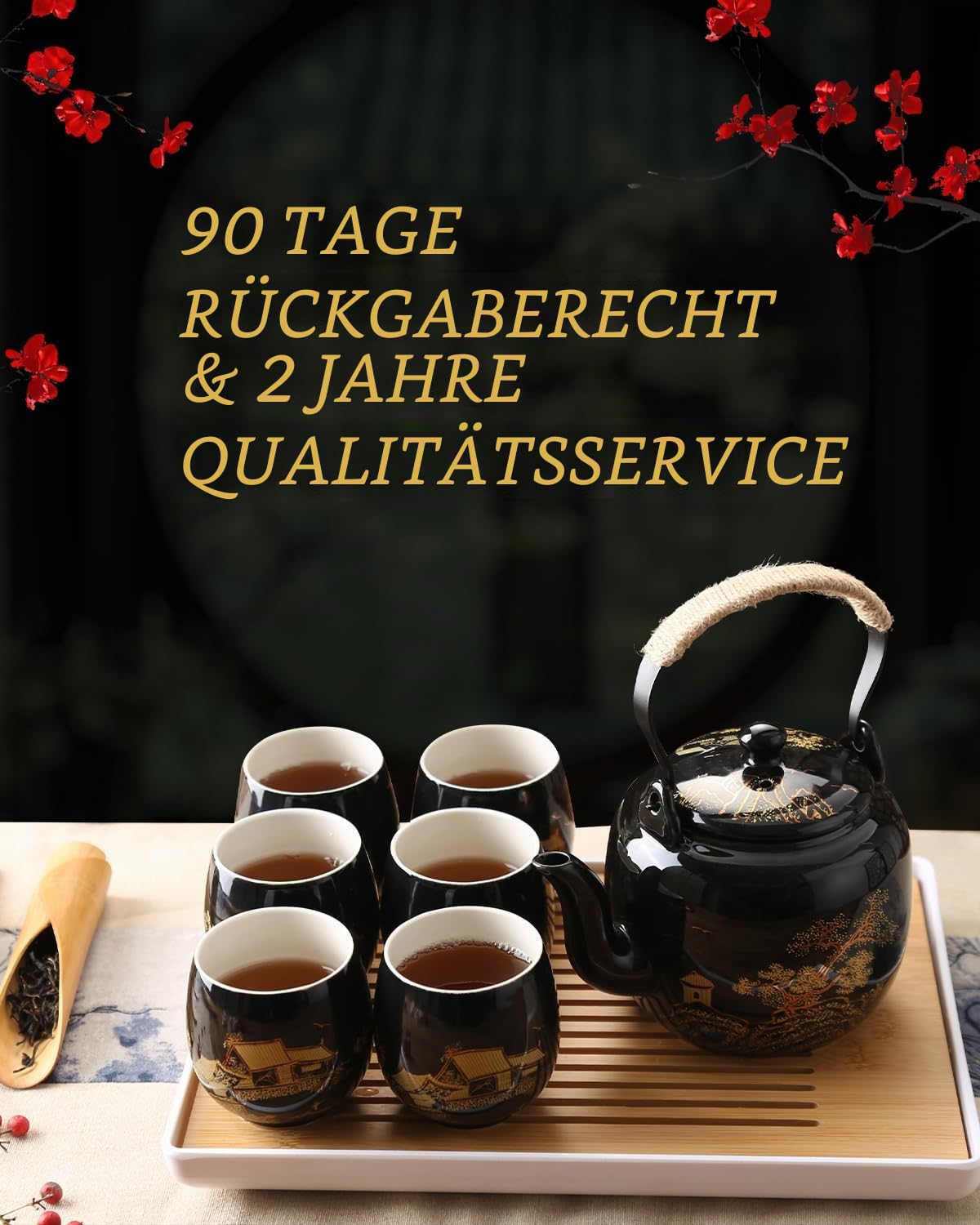 DUJUST Japanisches Teeservice, Schwarzes Porzellan Chinesisches Teeset mit Kanne und Tassen, Schönes Asiatische Teekanne Set für Teeliebhaber (Landschaft in Gold)