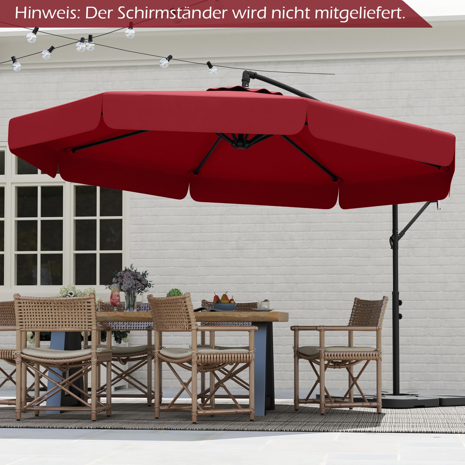 COSTWAY Sonnenschirm 300 cm, inkl. Schutzhülle, Ampelschirm mit Kurbel und Volant, Neigungswinkel verstellbar, Gartenschirm, Marktschirm, Terrassenschirm für Garten, Pool, Terrasse (Rot)